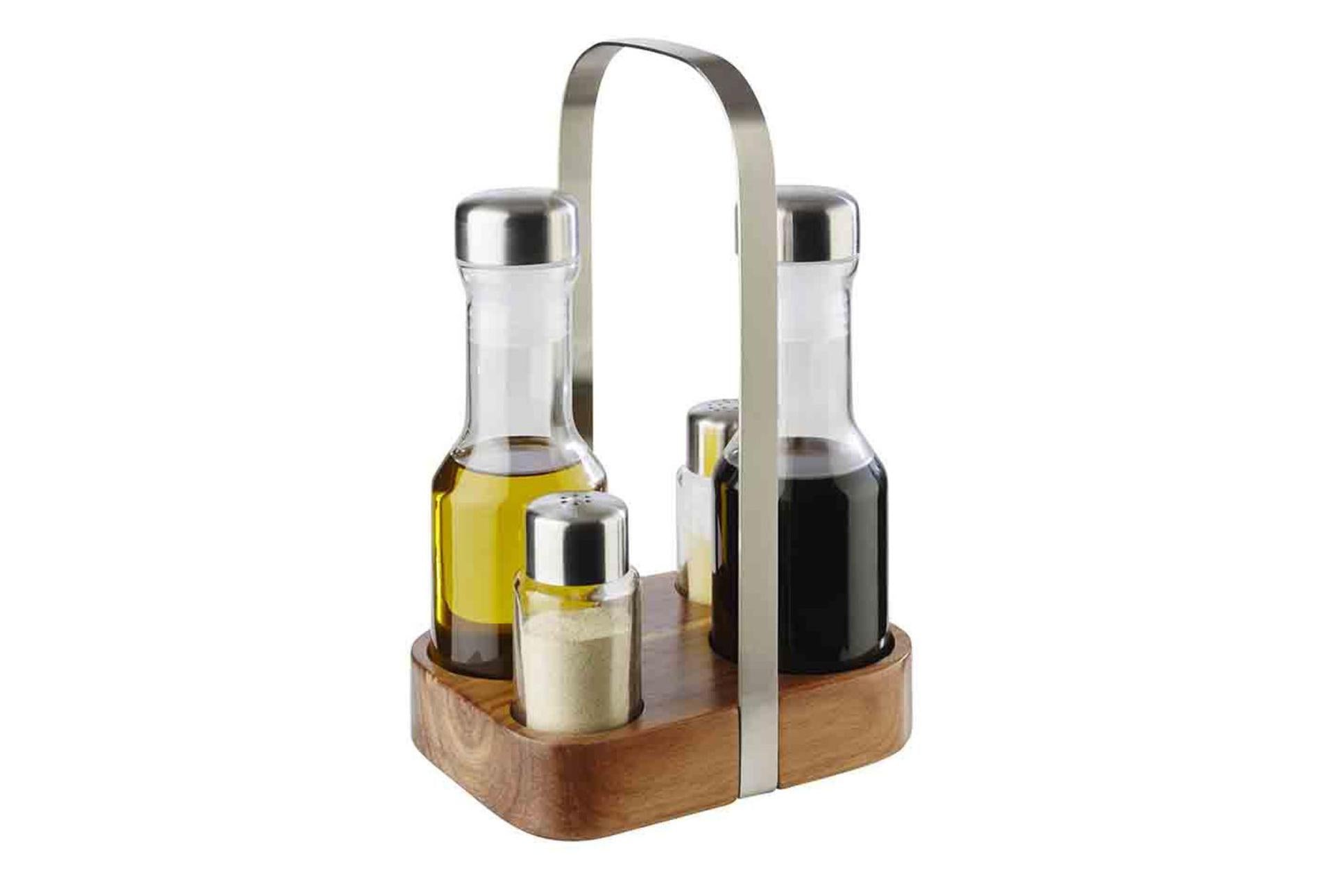 APS Wood Menage Olio Aceto Sale Pepe Inox Con Base In Legno - 15.5 x 12 x H.24.5 cm