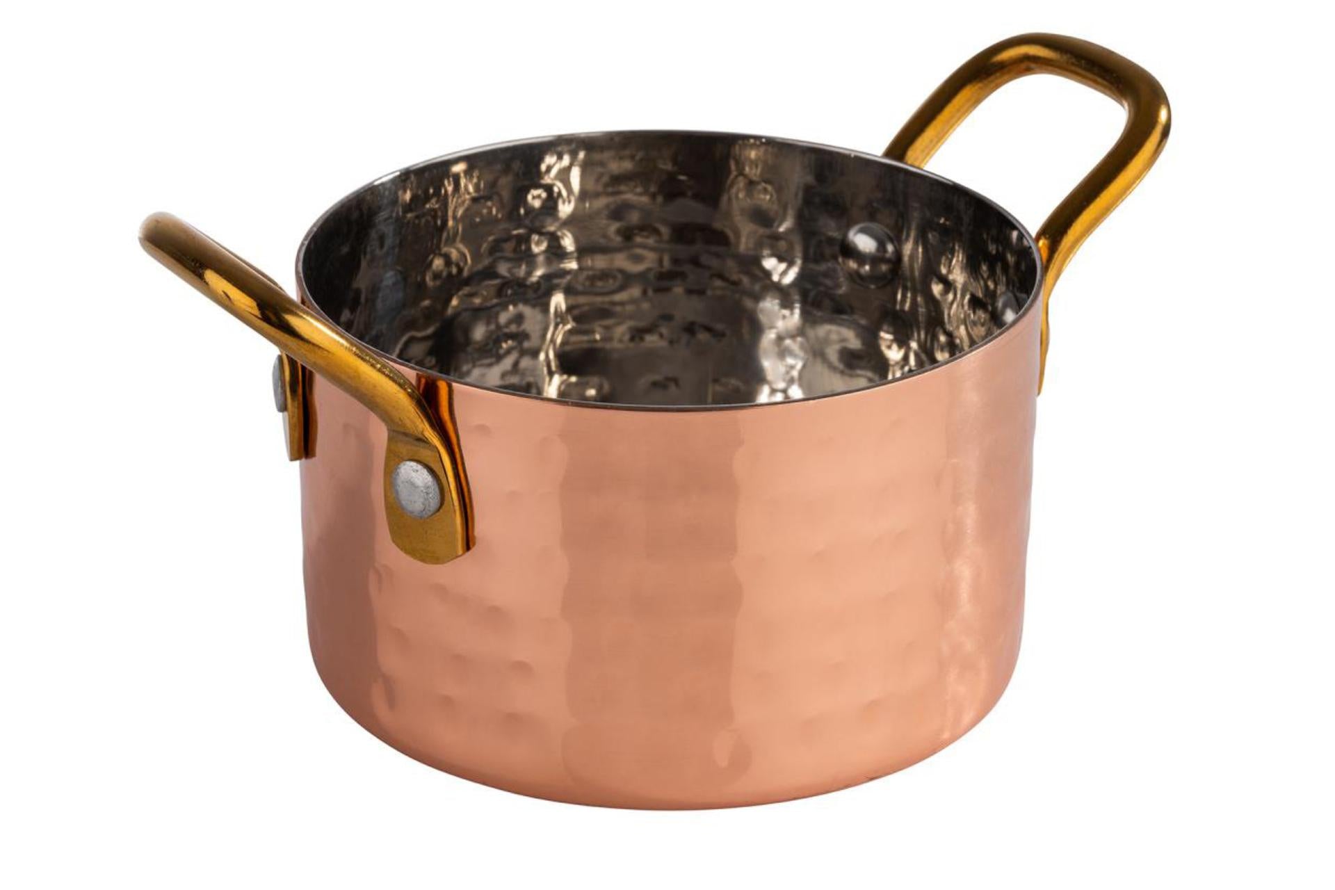 APS Mumbai Mini Casseruola Ø11.5 cm - H.7 cm 0.60 L In Acciaio Inox Martellato Color Rame Con Manici Dorati