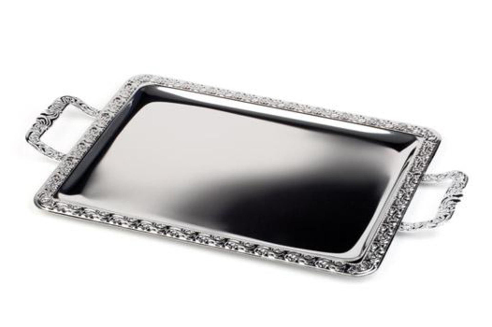 APS Schoner Essen Vassoio da Servizio 52 x 31 cm In Acciaio Inox Con Bordi Decorati e Manici Cromati