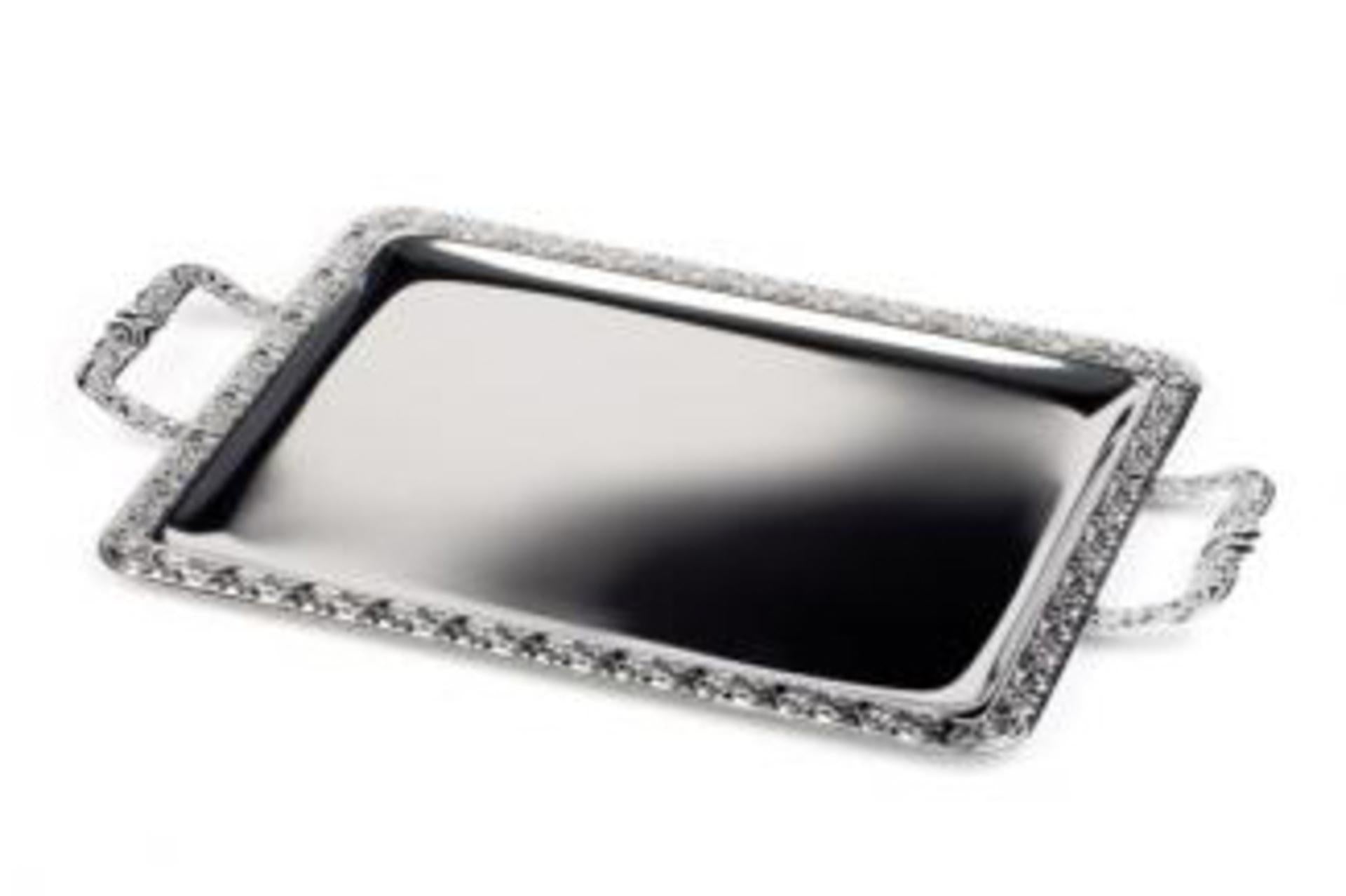 APS Schoner Essen Vassoio da Servizio 75x44.5 cm In Acciaio Inox Con Bordi Decorati e Manici In Lega di Zinco Cromati