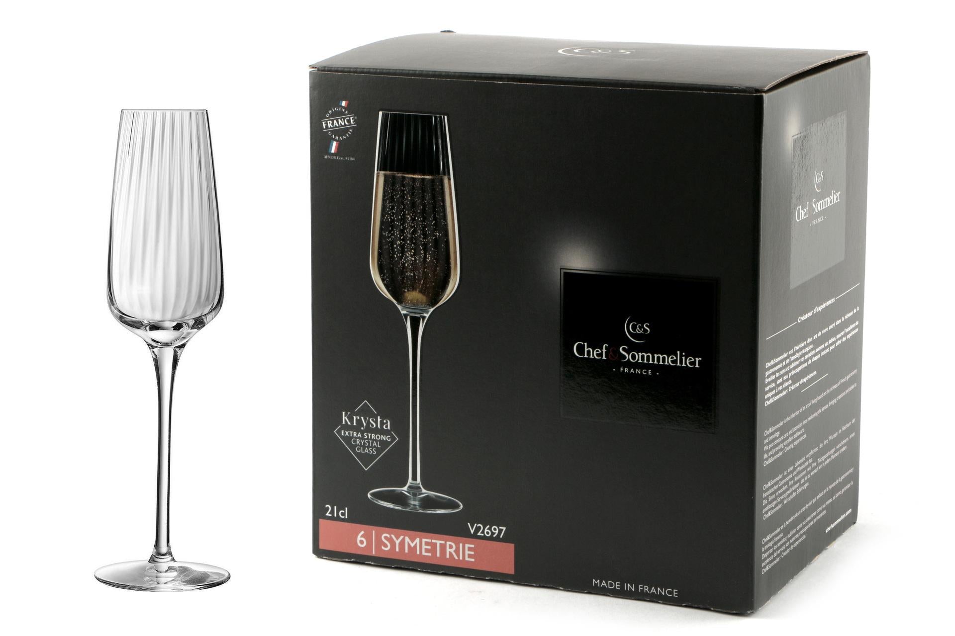 Arcoroc Symetrie Calice Flute 21 cl - H 24 cm Ø6.5 cm Con Linee Verticali - Set 6 Pz