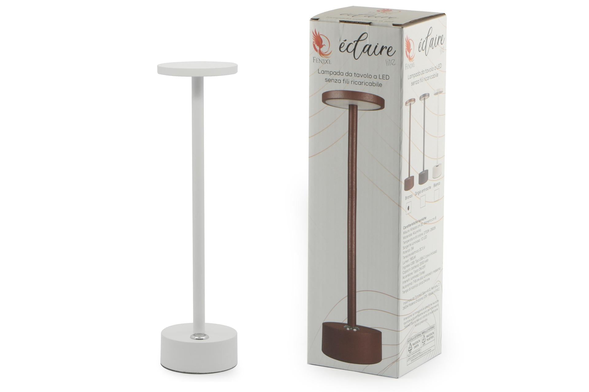 Import Tavola Professional Eclaire Lite Lampada da Tavolo LED Bianca H.30 cm - Ricaricabile In Alluminio Verniciato e Policarbonato, Intensità Regolabile, Uso Interno/Esterno IP54