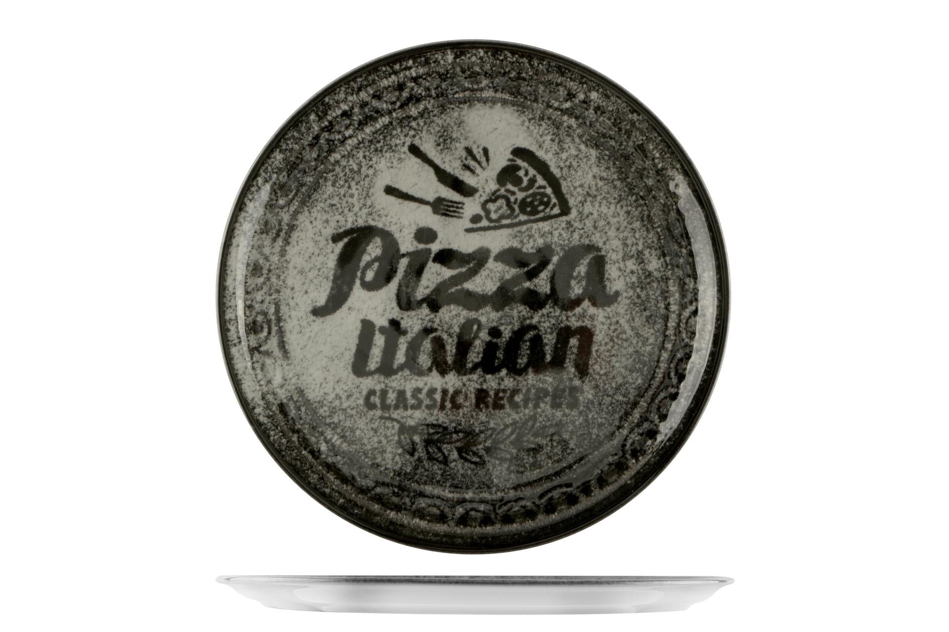 Saturnia Recipes Napoli Piatto Pizza Ø31 cm Con Decoro Posate-Trancio Colore Nero - Set 6 Pz