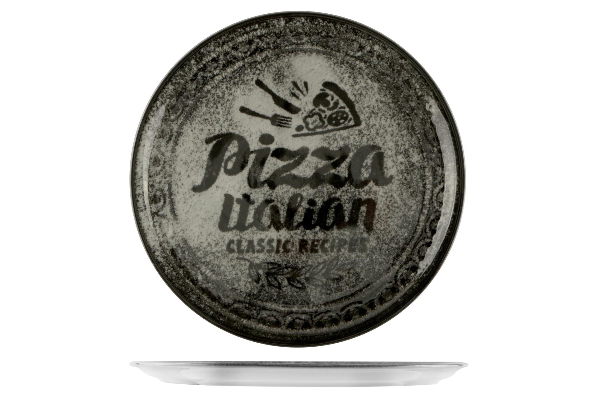 Saturnia Recipes Napoli Piatto Pizza Ø33 cm Con Decoro Posate-Trancio Colore Nero - Set 6 Pz