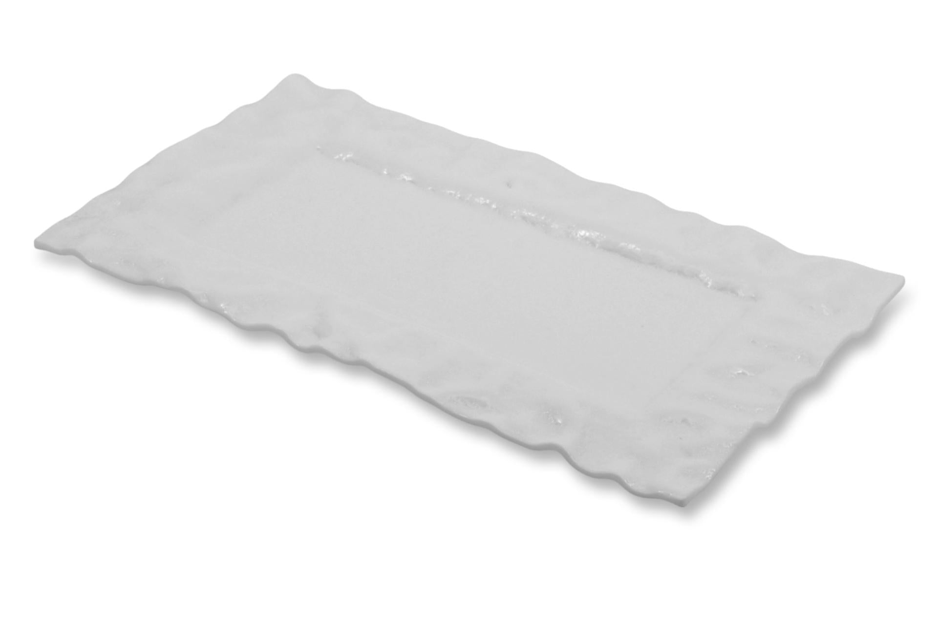 Import Tavola Professional Cloud Piatto Rettangolare 35 x 21 cm Bianco Lucido In Vetro Soffiato e Dipinto a Mano - Set 4 Pz