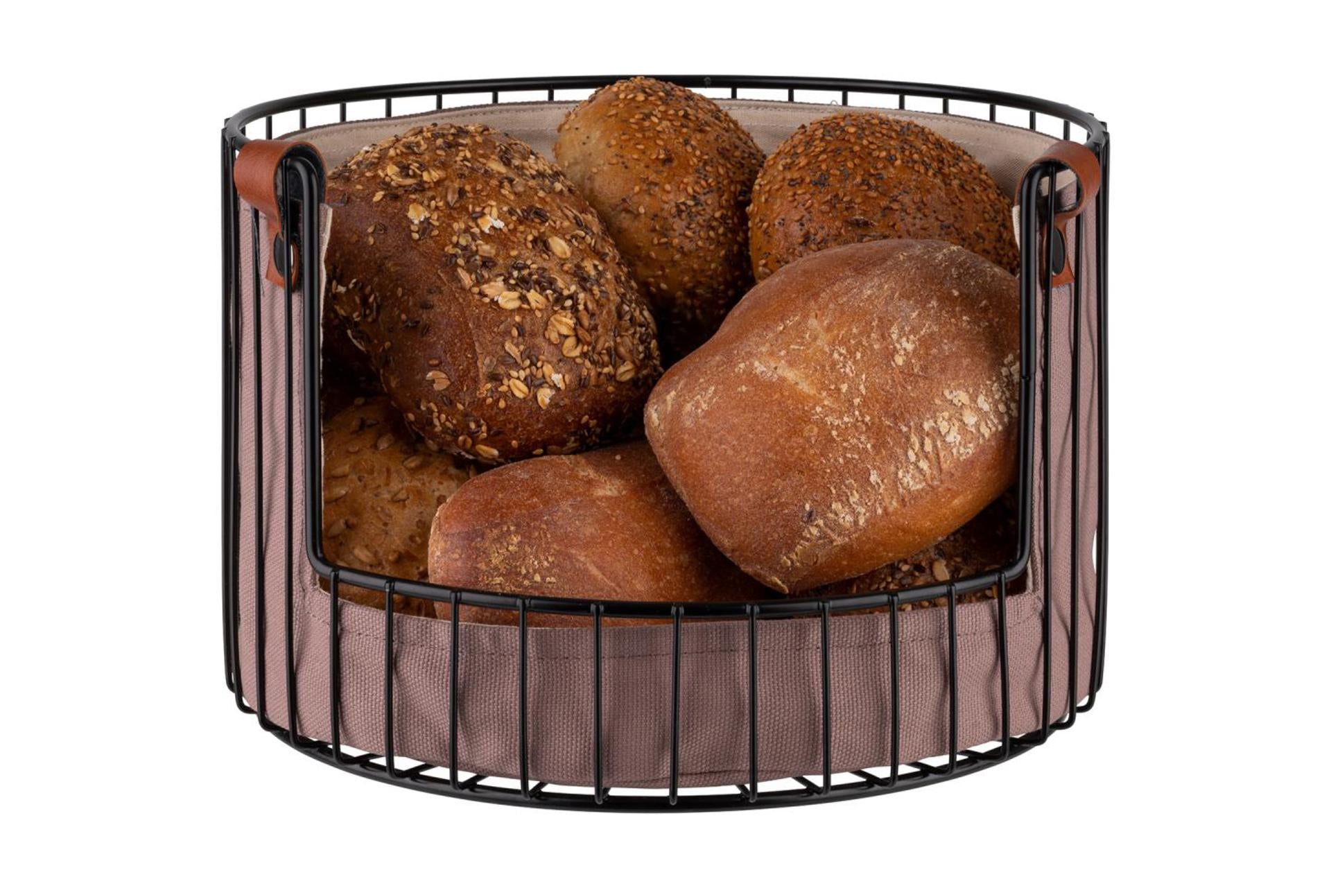 APS Cestino Pane/Frutta In Metallo Nero Ø27 cm - H.18.5 cm Con Inserto In Cotone Beige e Grigio Tortora Lavabile