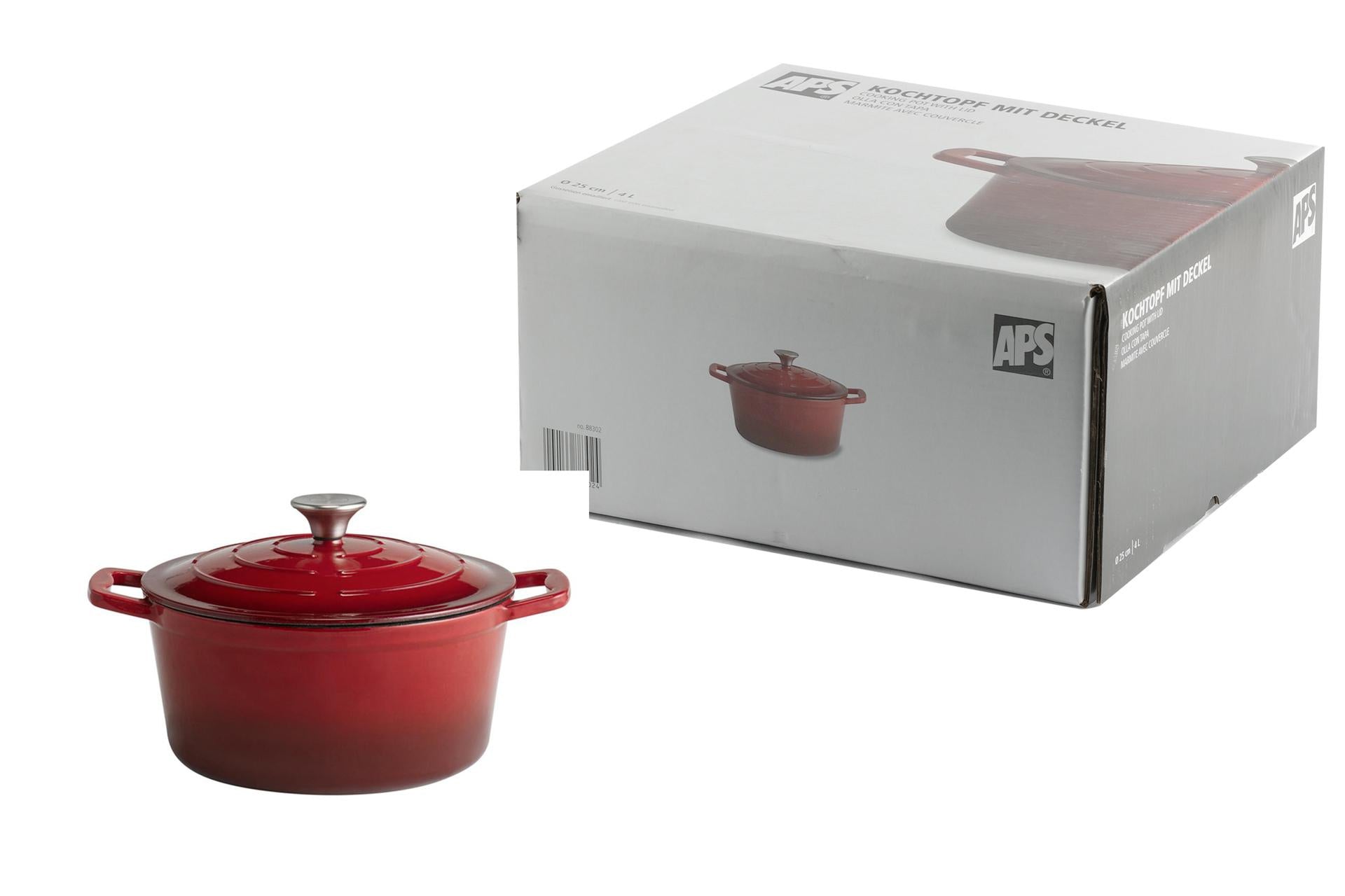APS Casseruola in Ghisa Ø25 cm - H.11.5 cm 4L con Coperchio e 2 Manici, Colore Rosso 3