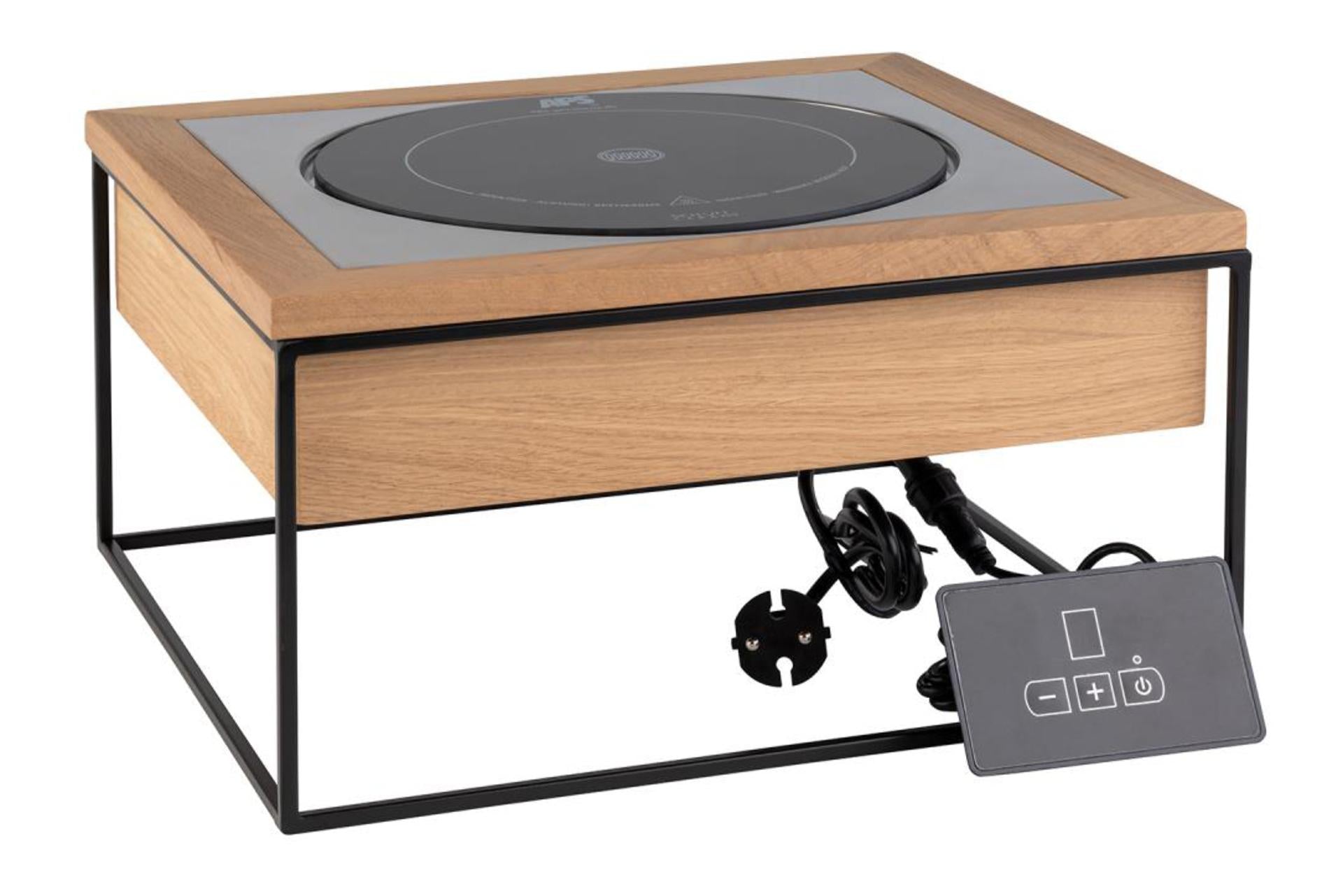 APS Buffet Stazione a Induzione H.19 cm - 35,4 x 32,5 cm Composta da 4 Pezzi: Piastra a Induzione Ø24 cm, Supporto in Metallo Nero, Telaio in Rovere, Telaio in Acciaio Inox