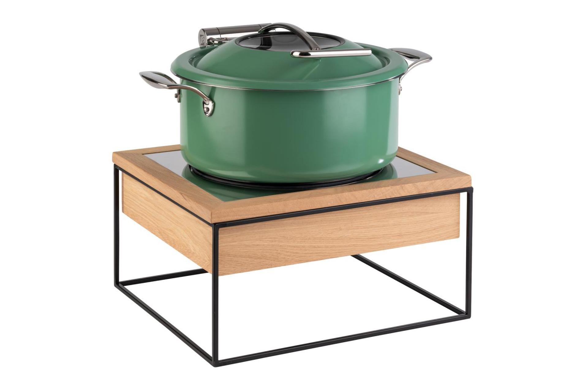 APS Buffet Stazione a Induzione H.19 cm - 35,4 x 32,5 cm Composta da 4 Pezzi: Piastra a Induzione Ø24 cm, Supporto in Metallo Nero, Telaio in Rovere, Telaio in Acciaio Inox