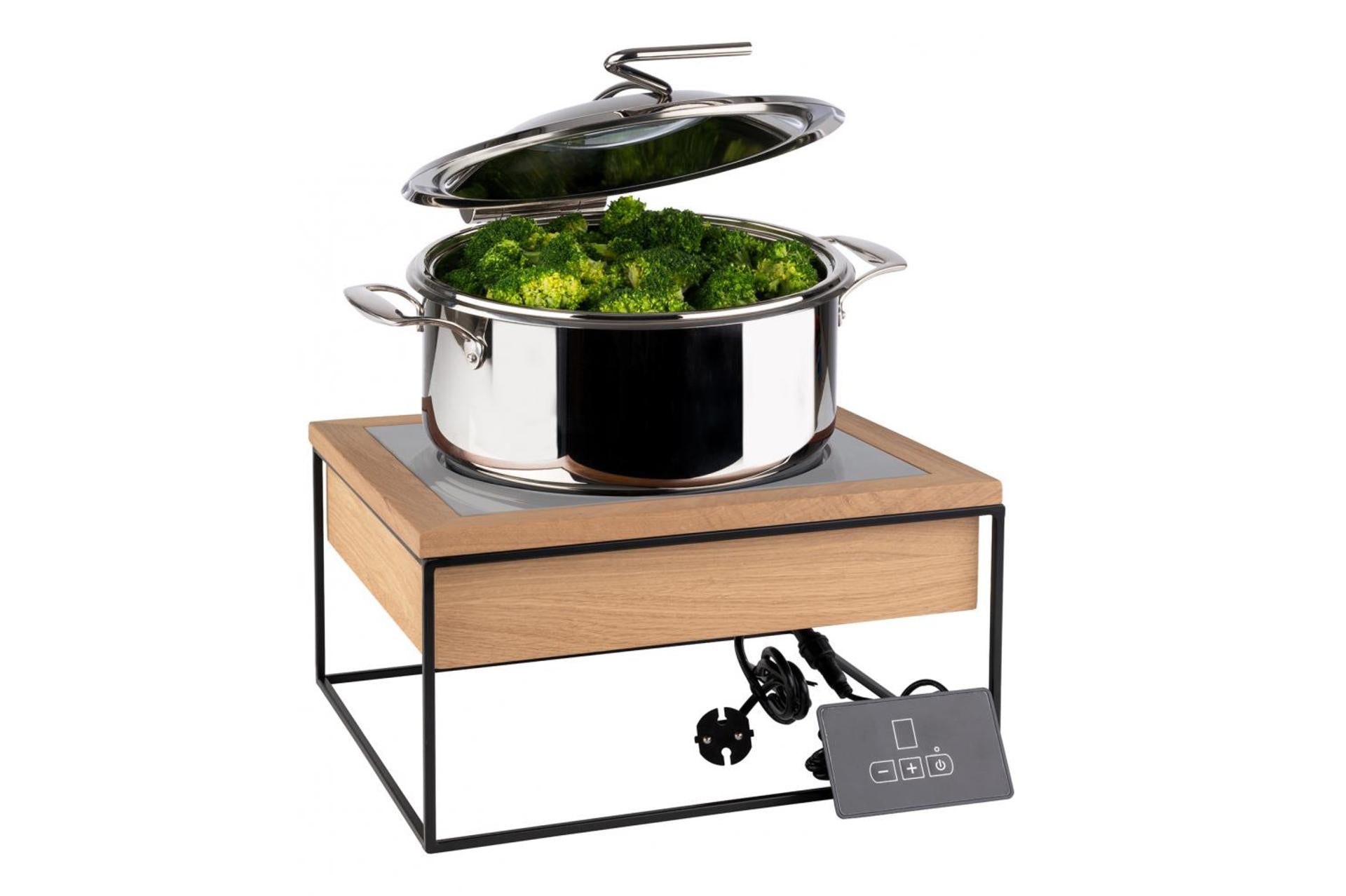 APS Buffet Stazione a Induzione H.19 cm - 35,4 x 32,5 cm Composta da 4 Pezzi: Piastra a Induzione Ø24 cm, Supporto in Metallo Nero, Telaio in Rovere, Telaio in Acciaio Inox 3