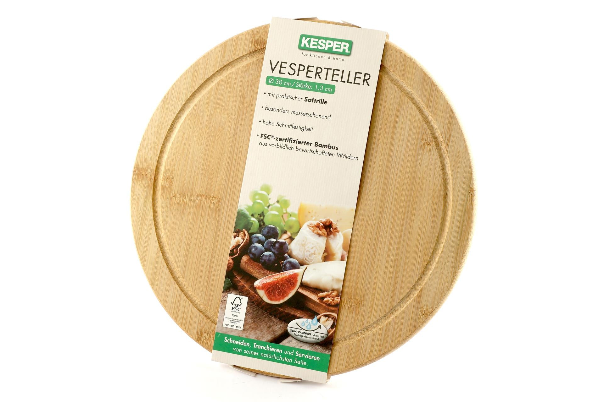 Kesper Bamboo Tagliere Rotondo Ø30 cm - H.1.3 cm In Bamboo Con Scanalatura, Certificato FSC