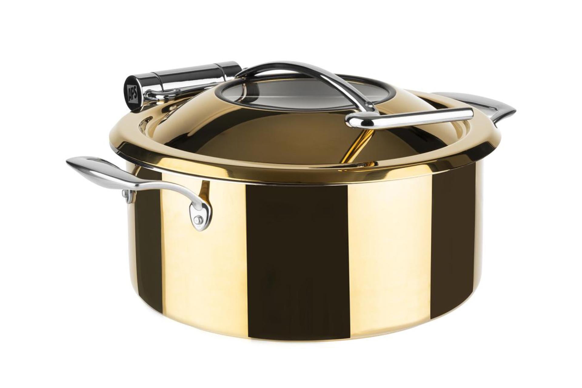 APS Chafing Dish Scaldavivande Inox Oro - Pentola 8L con Bacinella 4L e Coperchio in Vetro 1