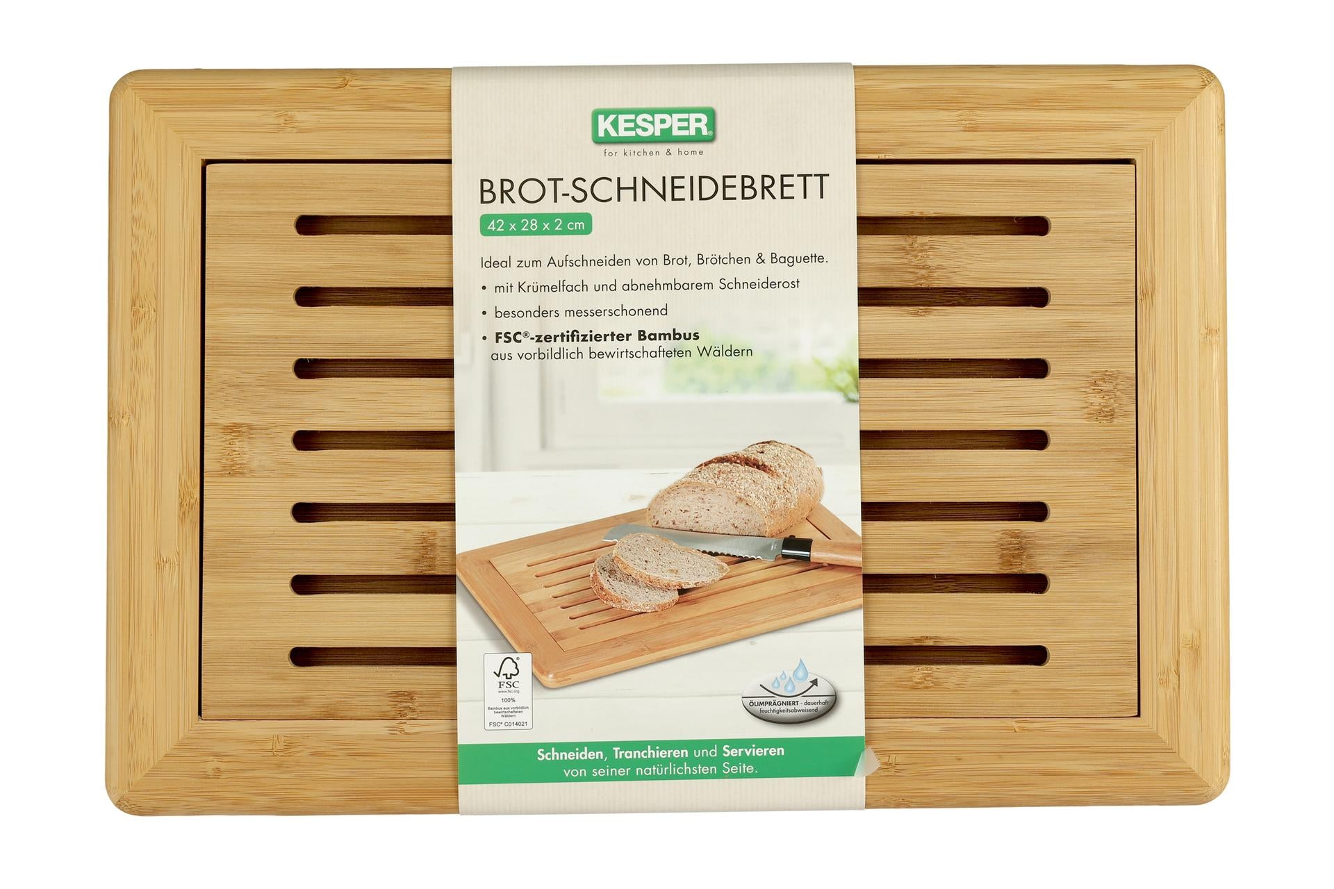 Kesper Bamboo Tagliere Pane Rettangolare H.2 cm - 42 x 28 cm In Bamboo Certificato FSC Con Piano Removibile 6