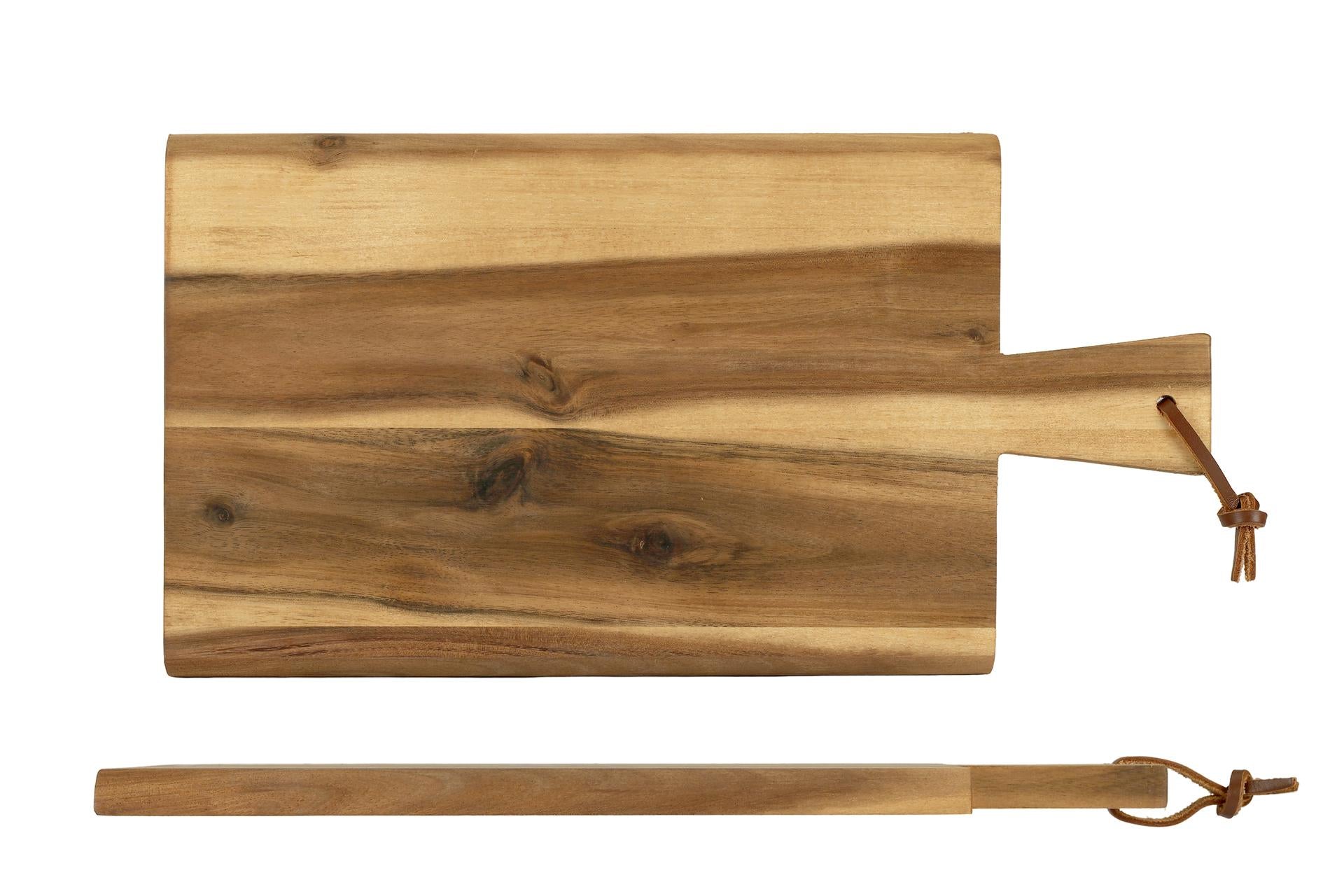 Kesper Acacia Tagliere Rettangolare H.1.5 cm - 35 x 18 cm In Legno di Acacia Con Manico e Cinturino In Pelle, Certificato FSC