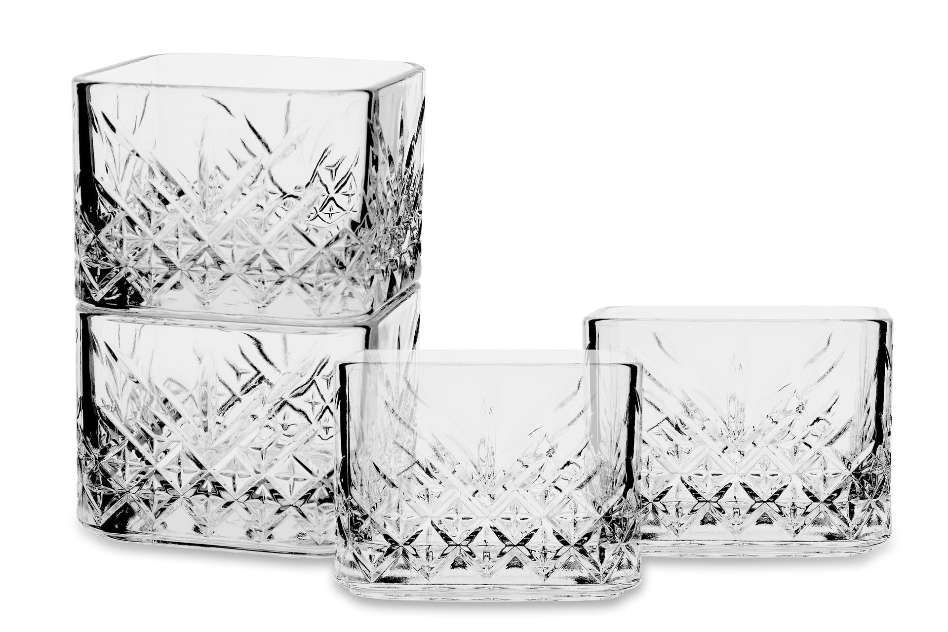 Pasabahce Timeless Set 4 Coppette Quadrate Impilabili 23.5 cl - 8 cm H.6.2 In Vetro Decorato Stile Retrò Vintage - Set 4 Pz