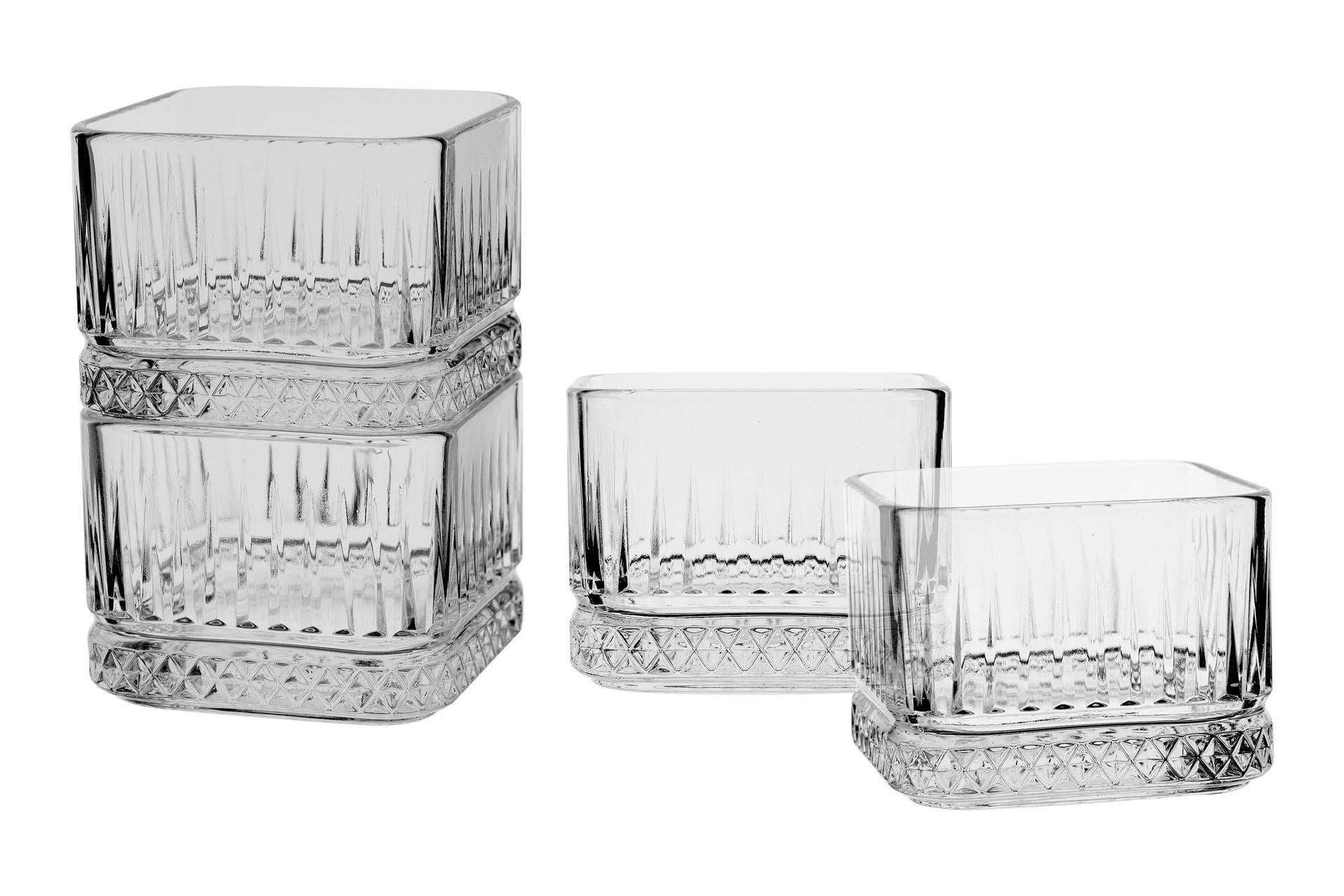 Pasabahce Elysia Set 4 Coppette Quadrate Impilabili 23.5 cl - 8 cm H.6.2 In Vetro Lavorato a Scalanature - Set 4 Pz