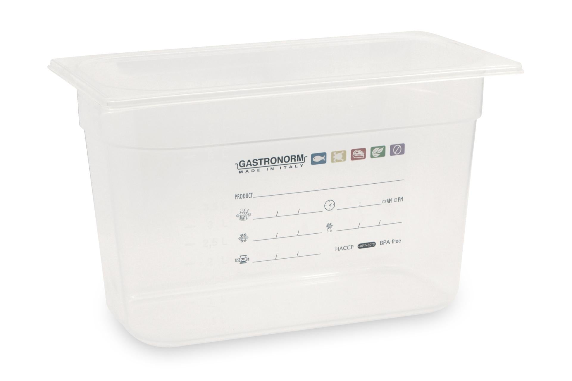 Mori2A Bacinella Graduata GN 1/3 H.20 cm In Polipropilene Trasparente Con Etichetta Datario HACCP