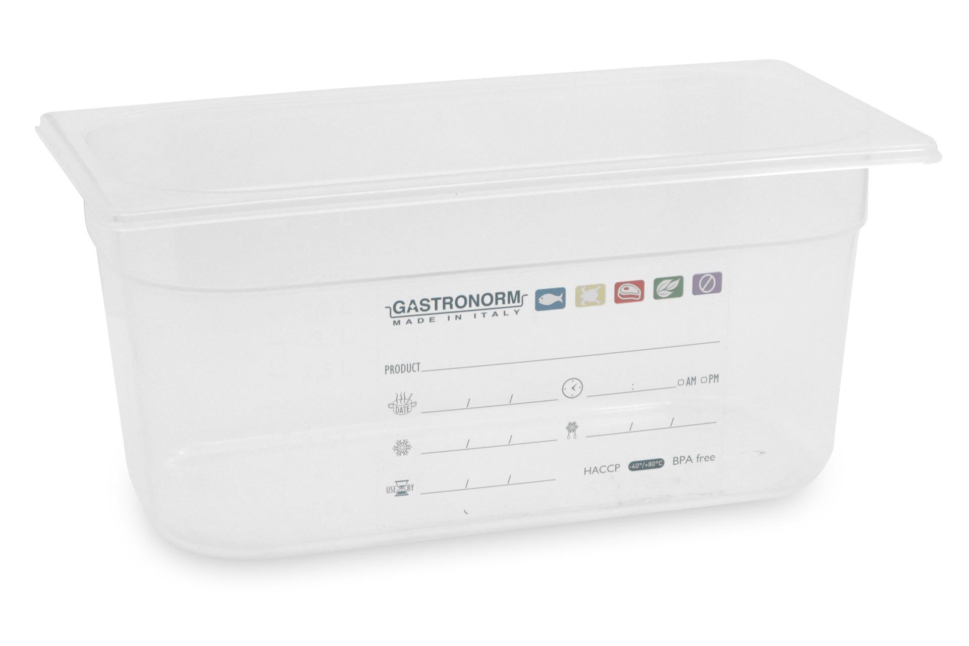 Mori2A Bacinella Graduata GN 1/3 H.15 cm In Polipropilene Trasparente Con Etichetta Datario HACCP