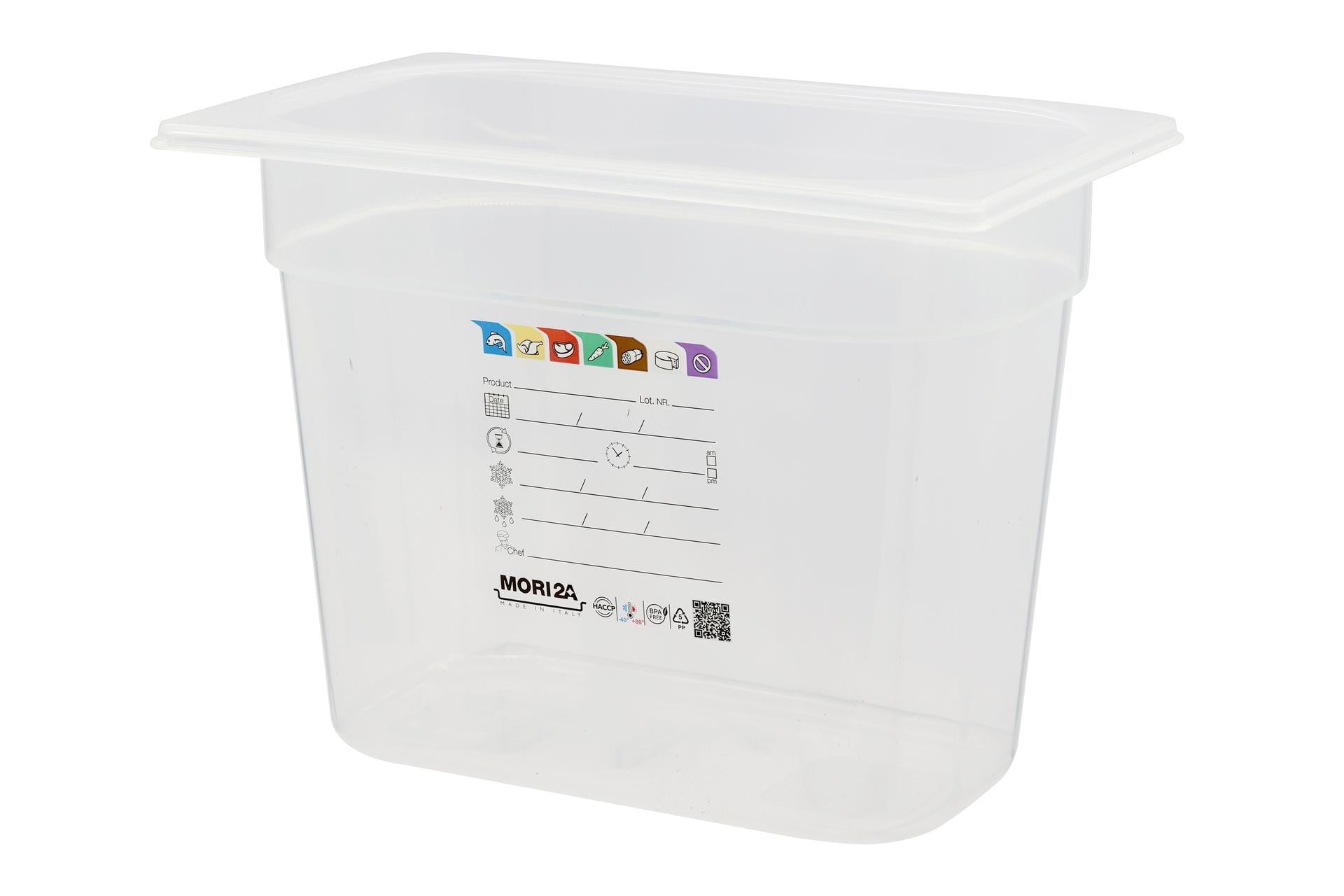 Mori2A Bacinella Graduata GN 1.4 H.20 cm In Polipropilene Trasparente Con Etichetta Datario HACCP