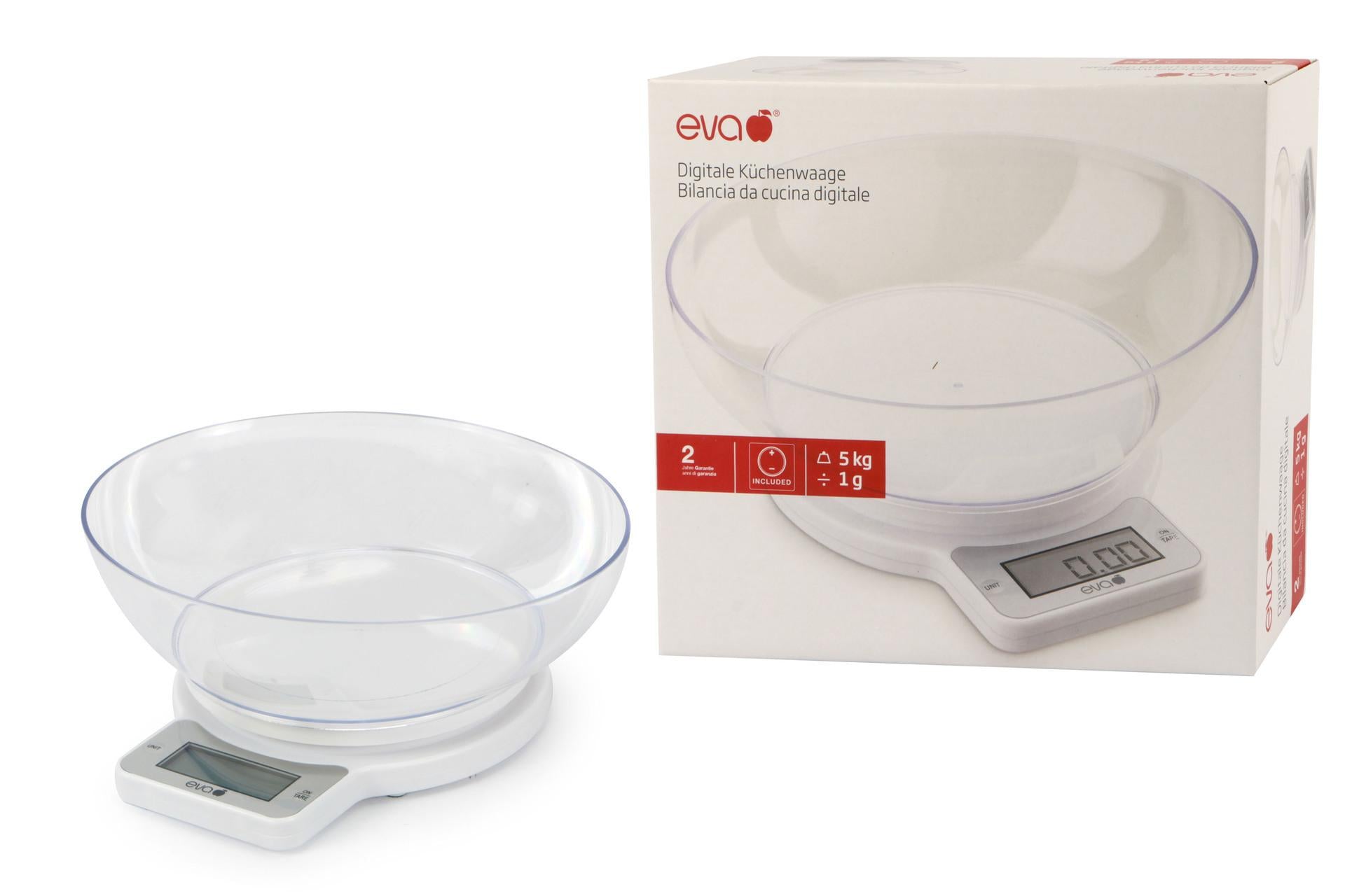 Eva Bilancia Cucina Digitale 1g-5kg Bianca Con Bacinella Trasparente 3