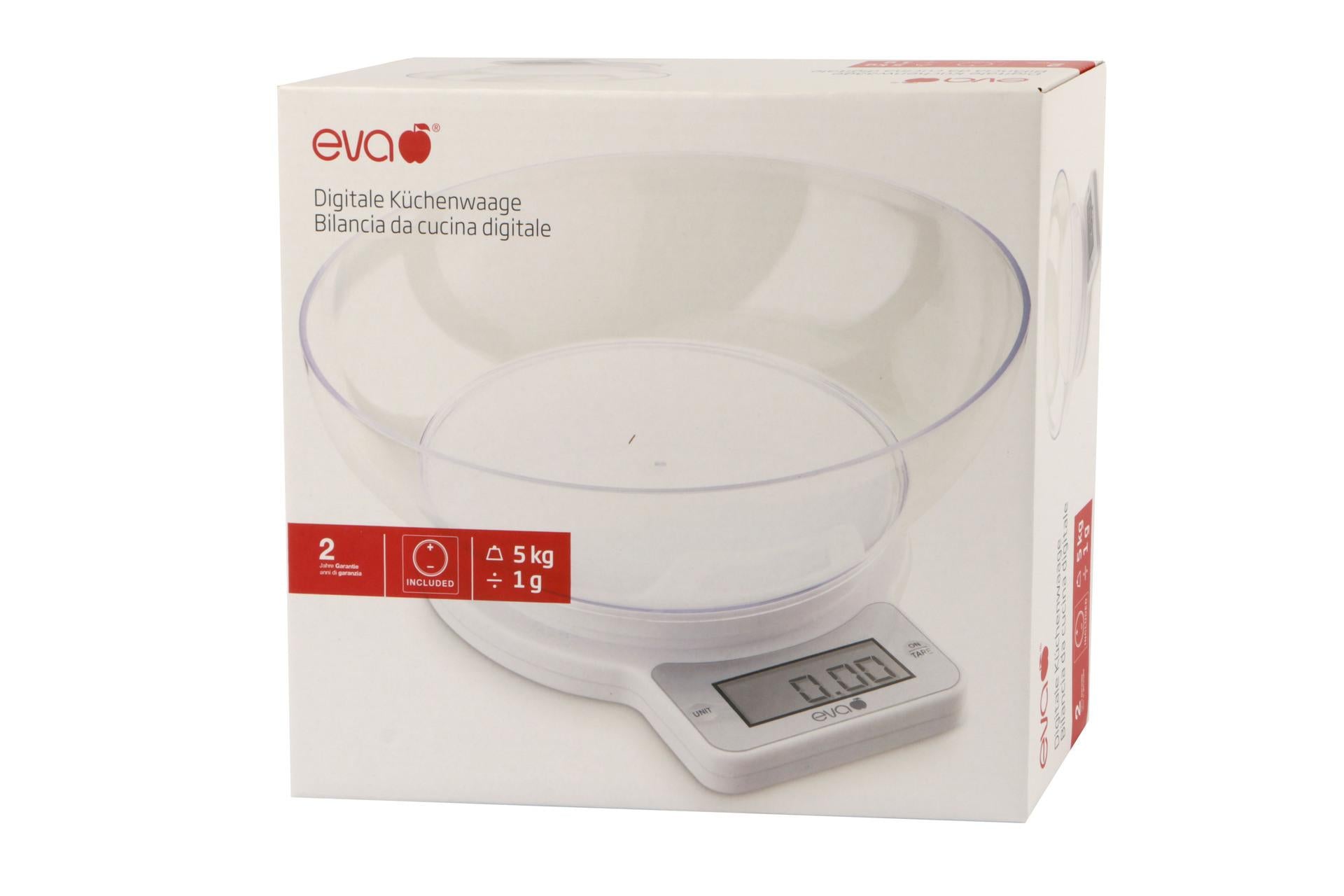 Eva Bilancia Cucina Digitale 1g-5kg Bianca Con Bacinella Trasparente 6