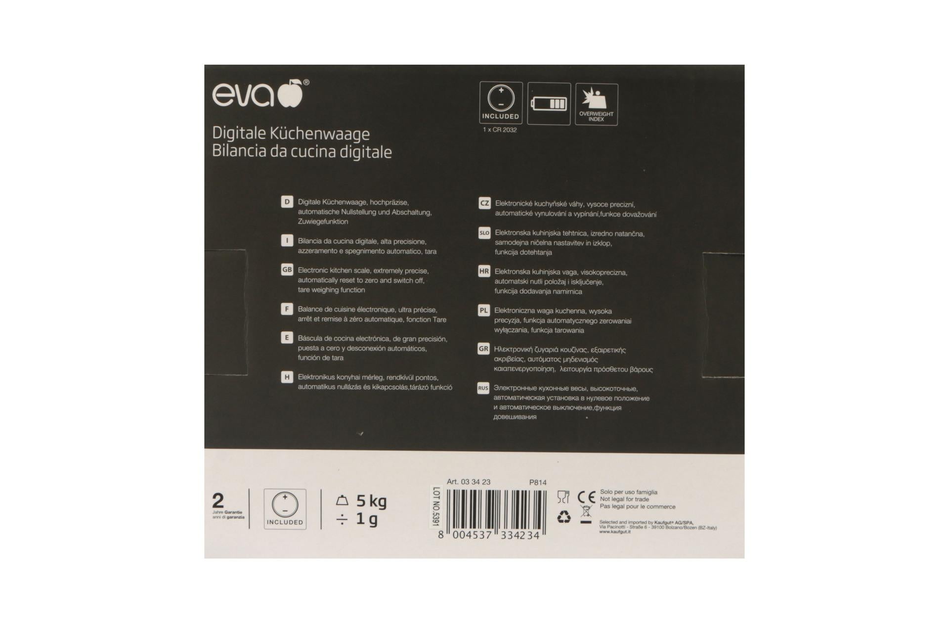 Eva Bilancia Cucina Digitale 1g-5kg Bianca Con Bacinella Trasparente 7