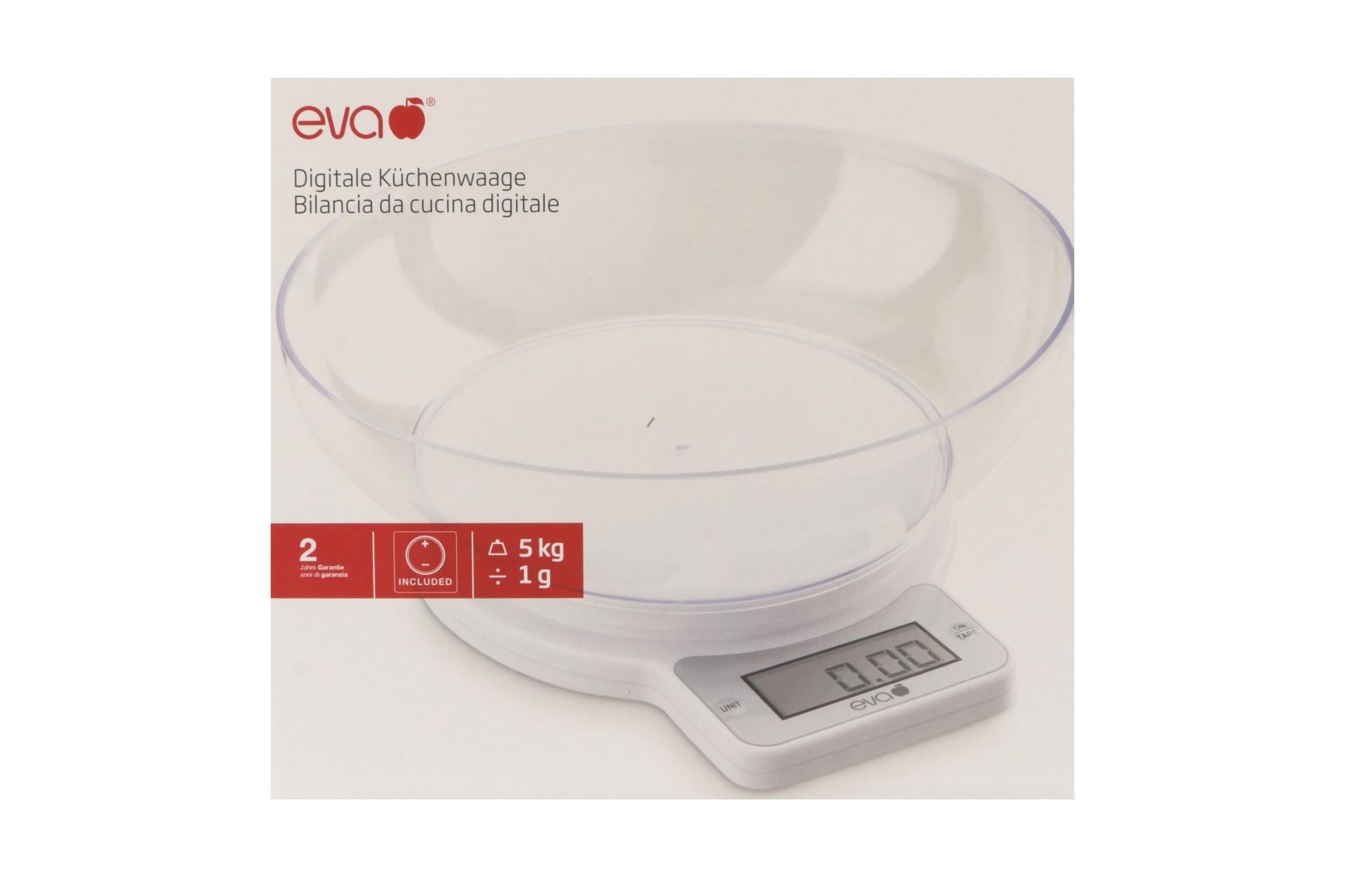 Eva Bilancia Cucina Digitale 1g-5kg Bianca Con Bacinella Trasparente 8