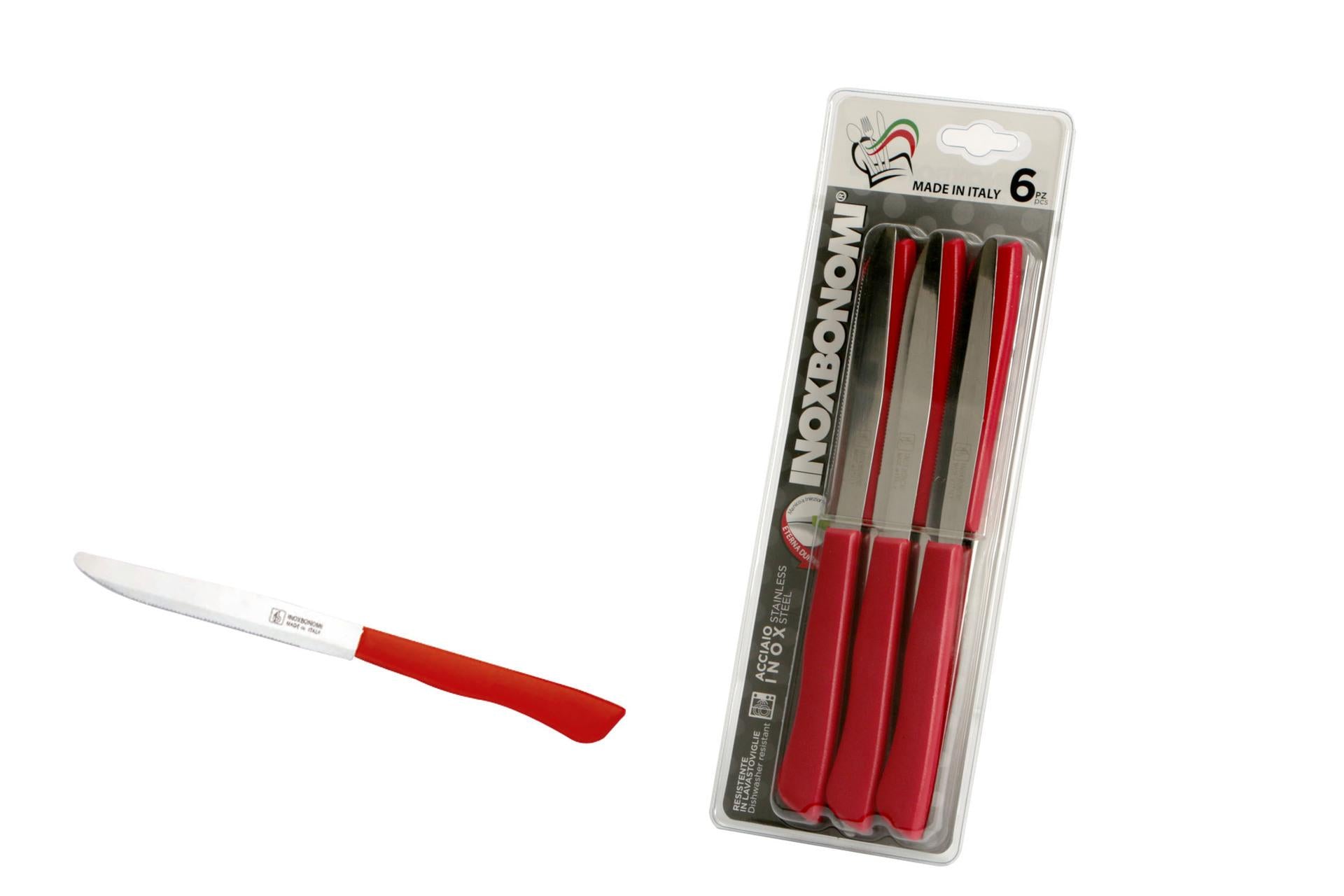 Coltellerie Inox Bonomi Set 6 Coltelli Bistecca-Pizza Lama 12 cm - Manico Plastica Rosso - Set 6 Pz