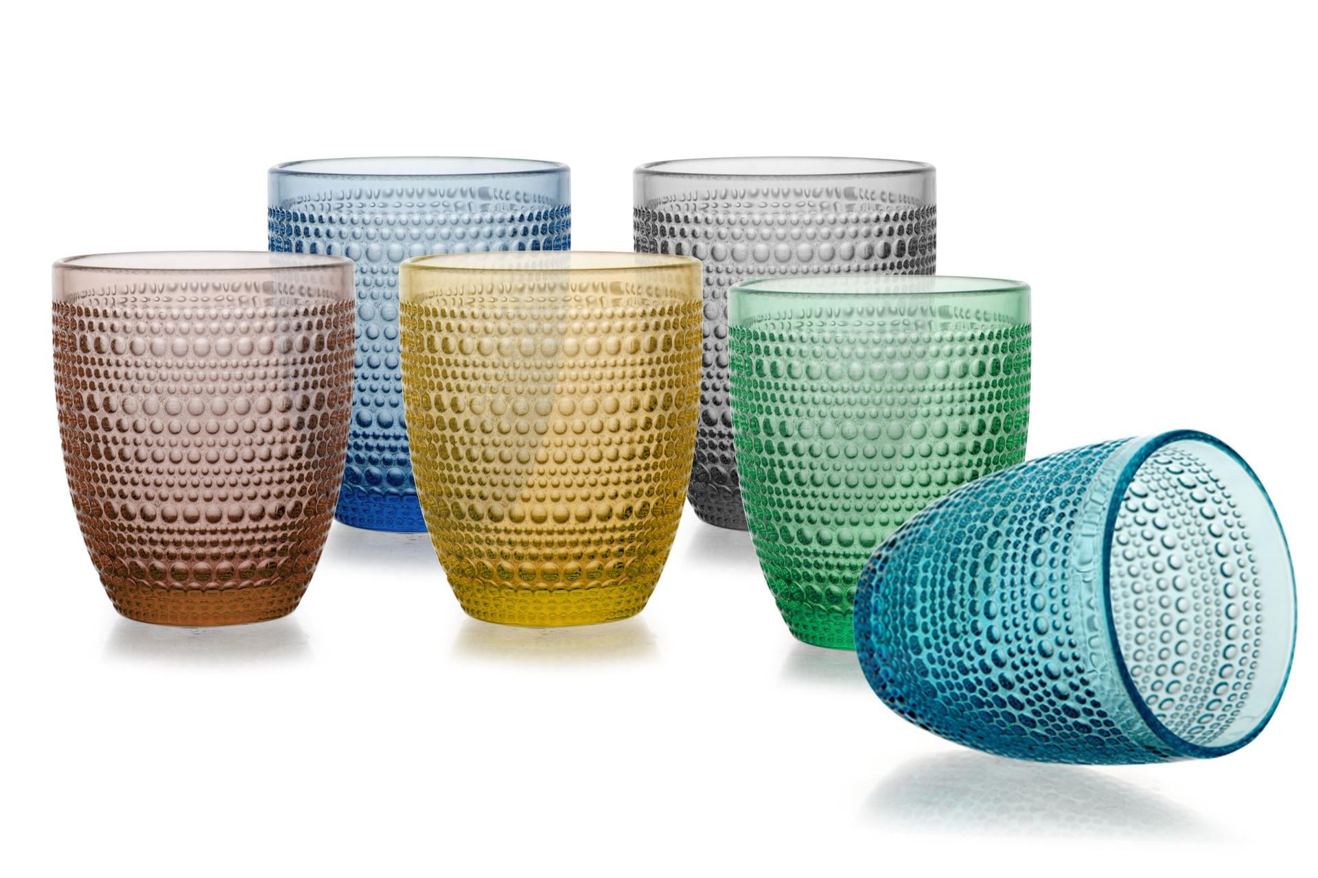 Import Tavola Professional Bicchiere Acqua 32.5 cl - Vetro Colorato in Pasta Con Lavorazione a Rilievo e Perline - Set 6 Pz