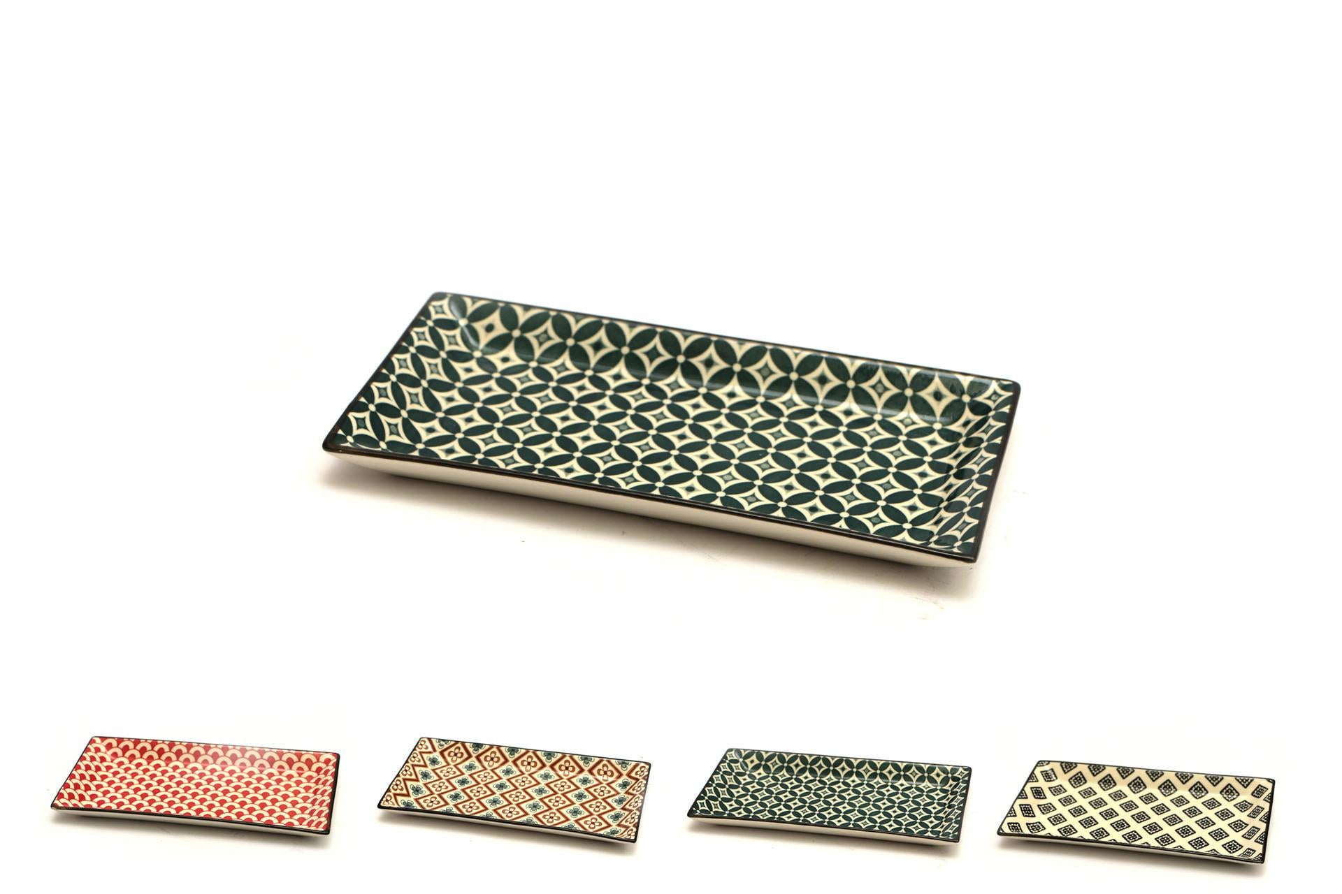 Import Tavola Mosaik Piatto Rettangolare 23.7 x 12 cm In Stoneware Con Decori Assortiti - Set 8 Pz