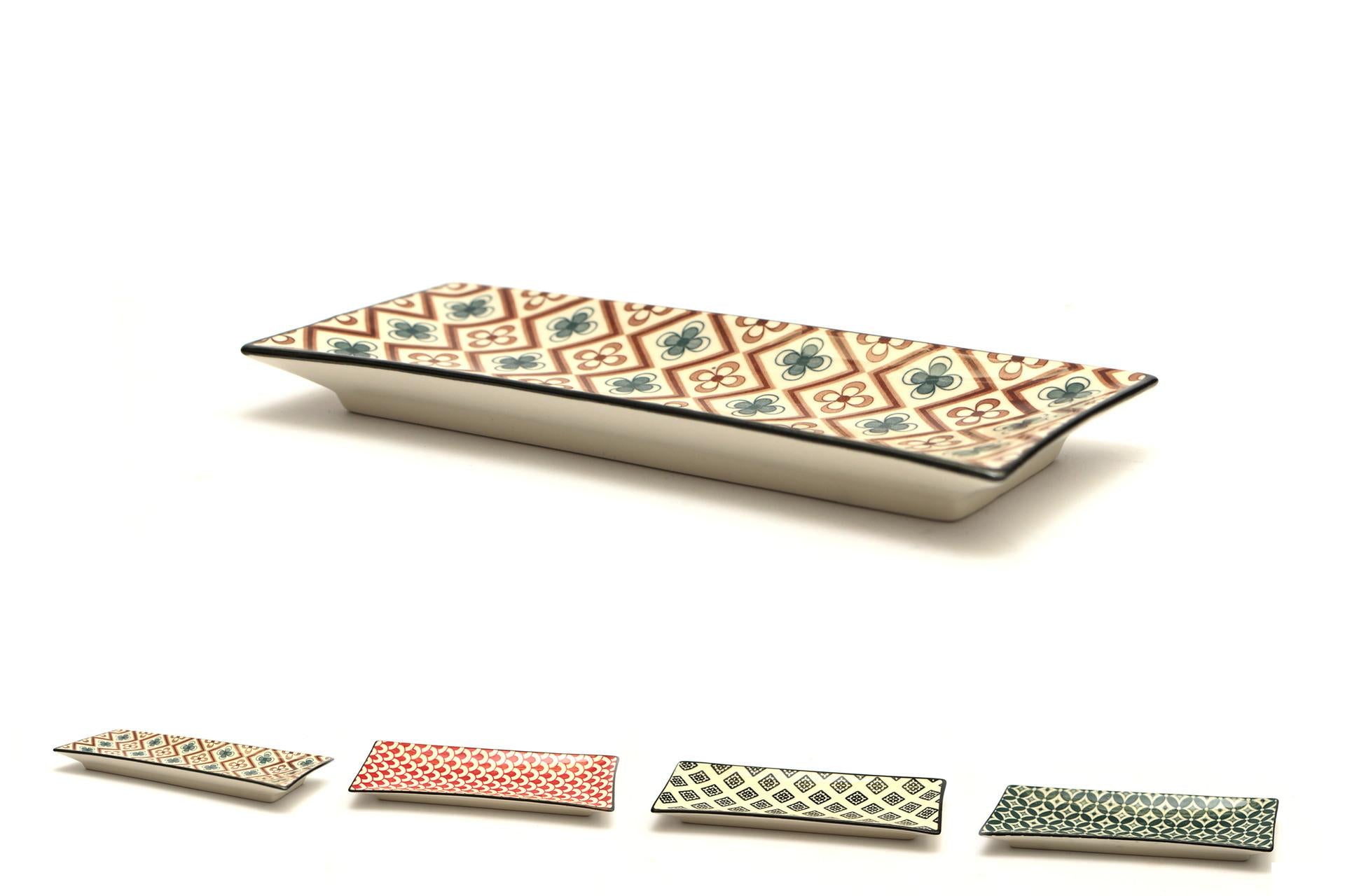 Import Tavola Mosaik Piatto Rettangolare 23.5 x 9 cm In Stoneware Con Decori Assortiti - Set 8 Pz