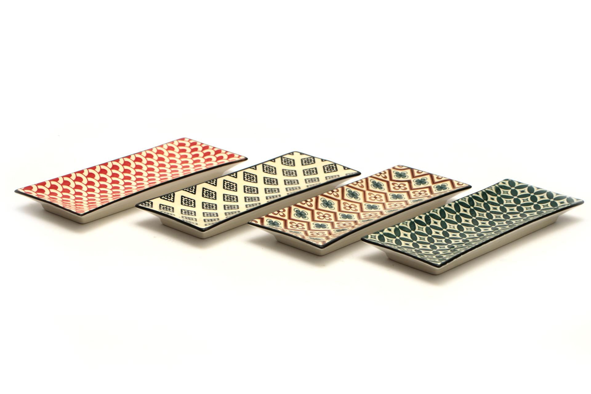 Import Tavola Mosaik Piatto Rettangolare 23.5 x 9 cm In Stoneware Con Decori Assortiti - Set 8 Pz