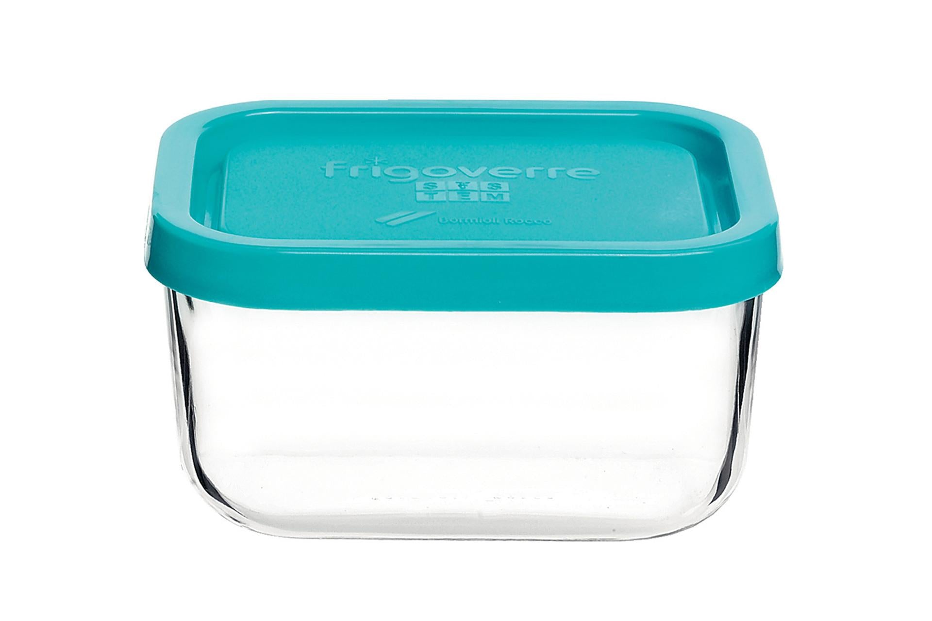 Bormioli Rocco Frigoverre Contenitore Quadrato 15 cm In Vetro Trasparente Con Coperchio Azzurro - Set 12 Pz