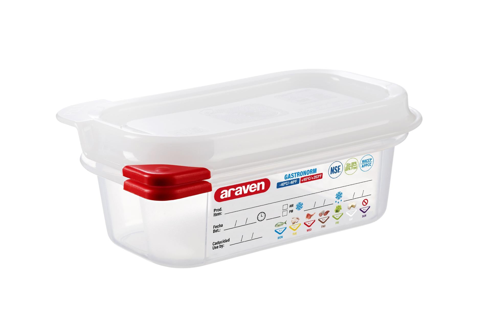Araven Contenitore Alimentare Ermetico Gastronorm 1/9 - 1.9 L 176x108x65 mm Con Etichetta Lavabile e Alette Colorate