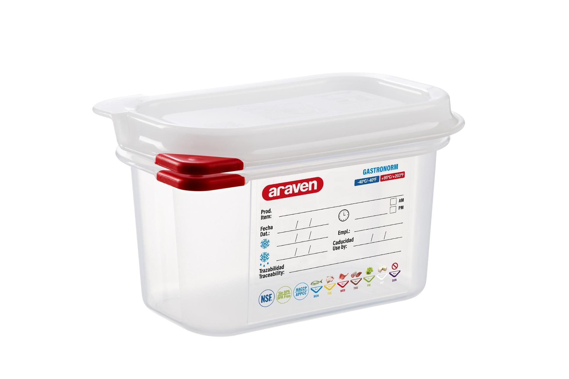 Araven Contenitore Alimentare Ermetico 1L - Gastronorm 1/9 Con Etichetta Lavabile e Alette Colorate