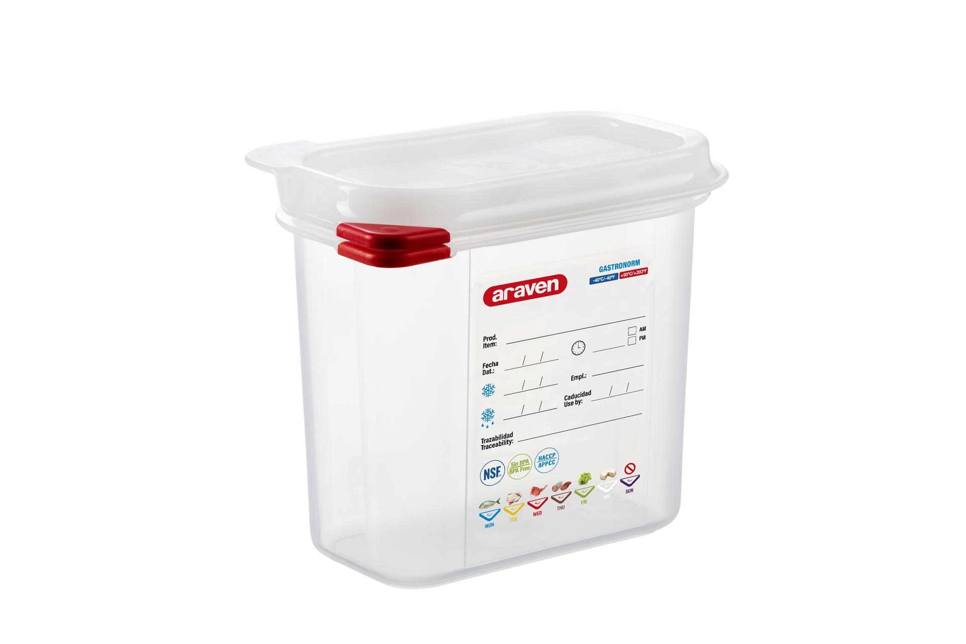 Araven Contenitore Alimentare Ermetico  1.5L - Gastronorm 1/9 Con Etichetta Lavabile e Alette Colorate