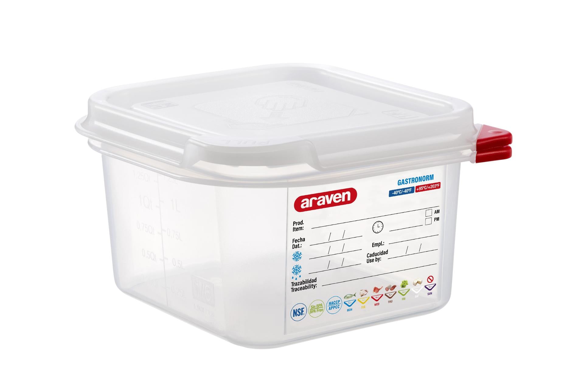 Araven Contenitore Alimentare Gastronorm 1/6 Ermetico 1.6 L - 176x162x100 mm Con Etichetta Lavabile e Alette Colorate