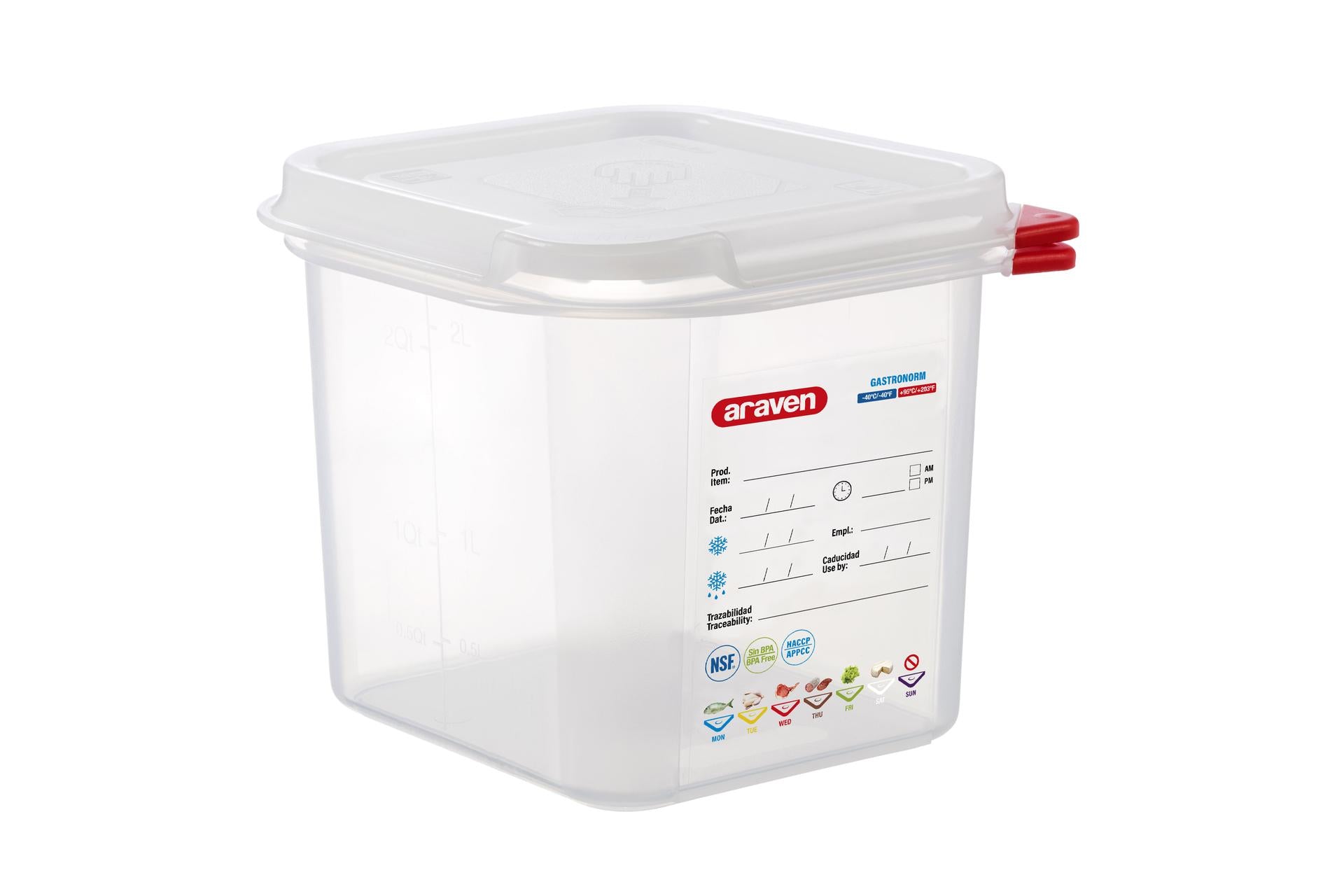 Araven Contenitore Alimentare Gastronorm 1/6 Ermetico 1.6 L - 176x162x150 mm Con Etichetta Lavabile e Alette Colorate