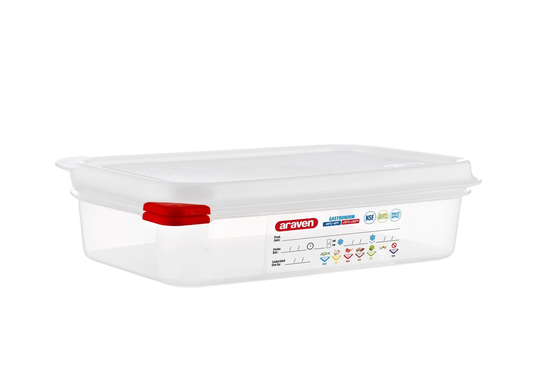 Araven Contenitore Alimentare Gastronorm 1/4 Ermetico 1.4 L - 265x162x65 mm Con Etichetta Lavabile e Alette Colorate