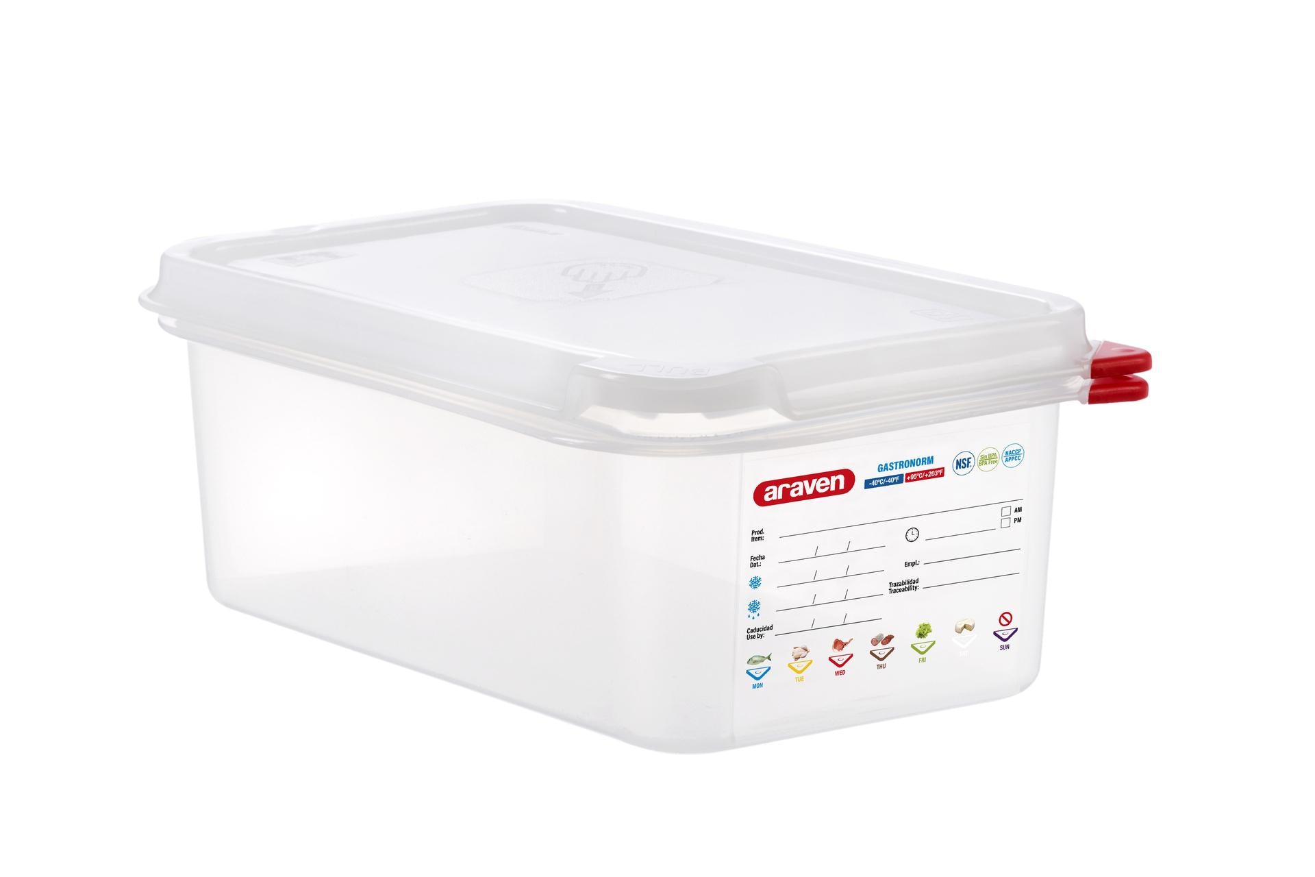Araven Contenitore Alimentare Ermetico Gastronorm 1/4 - 1.4 L 265x162x100 mm Con Etichetta Riscrivibile e Alette Colorate