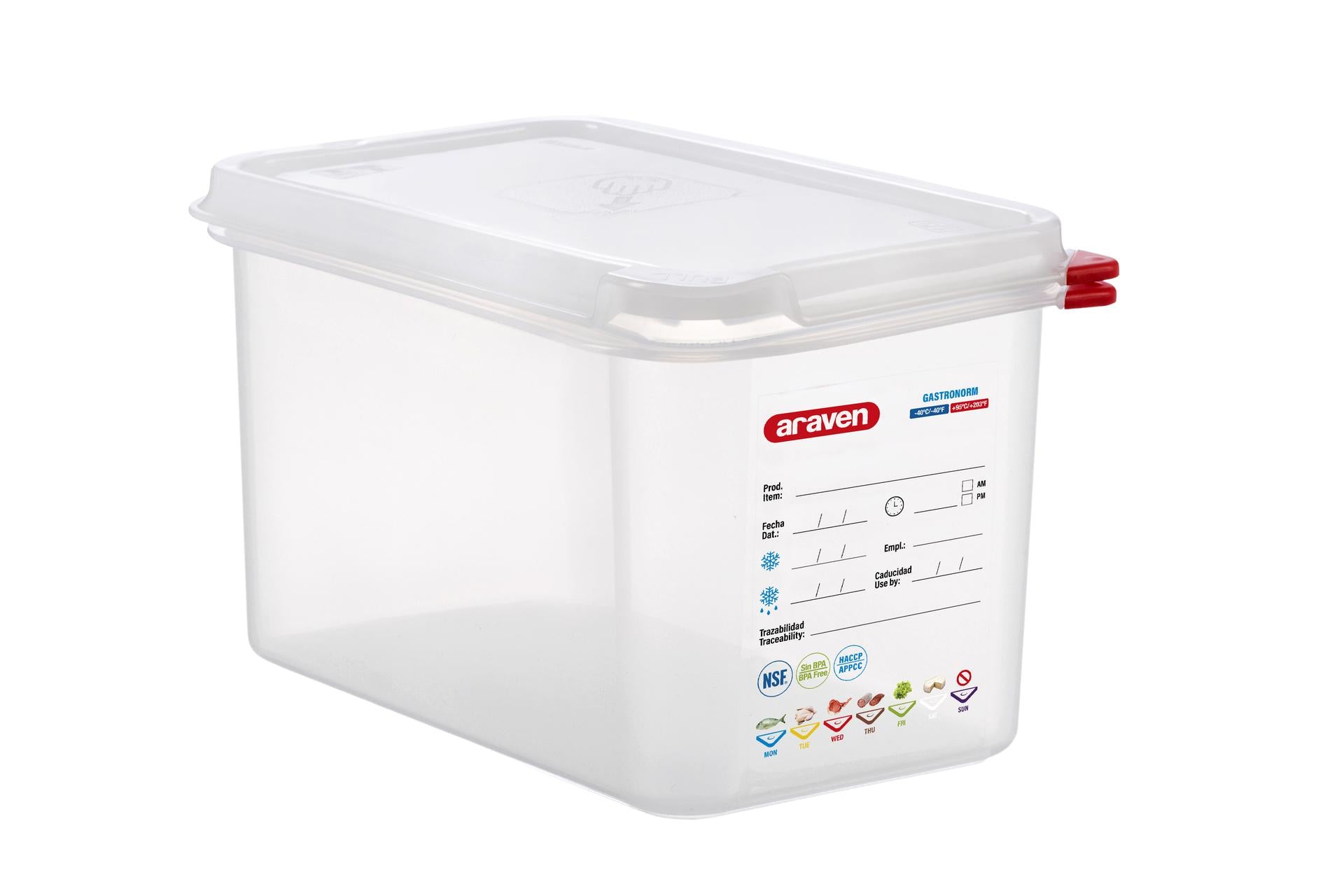 Araven Contenitore Alimentare Gastronorm 1/4 Ermetico 1.4 L - 265x162x150 mm Con Etichetta Lavabile e Alette Colorate