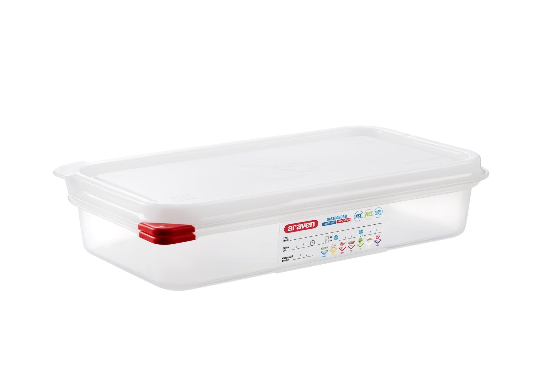 Araven Contenitore Alimentare Ermetico Gastronorm 1/3 - 1.3 L 32.5 x 17.6 x 6.5 cm Con Etichetta Lavabile e Alette Colorate