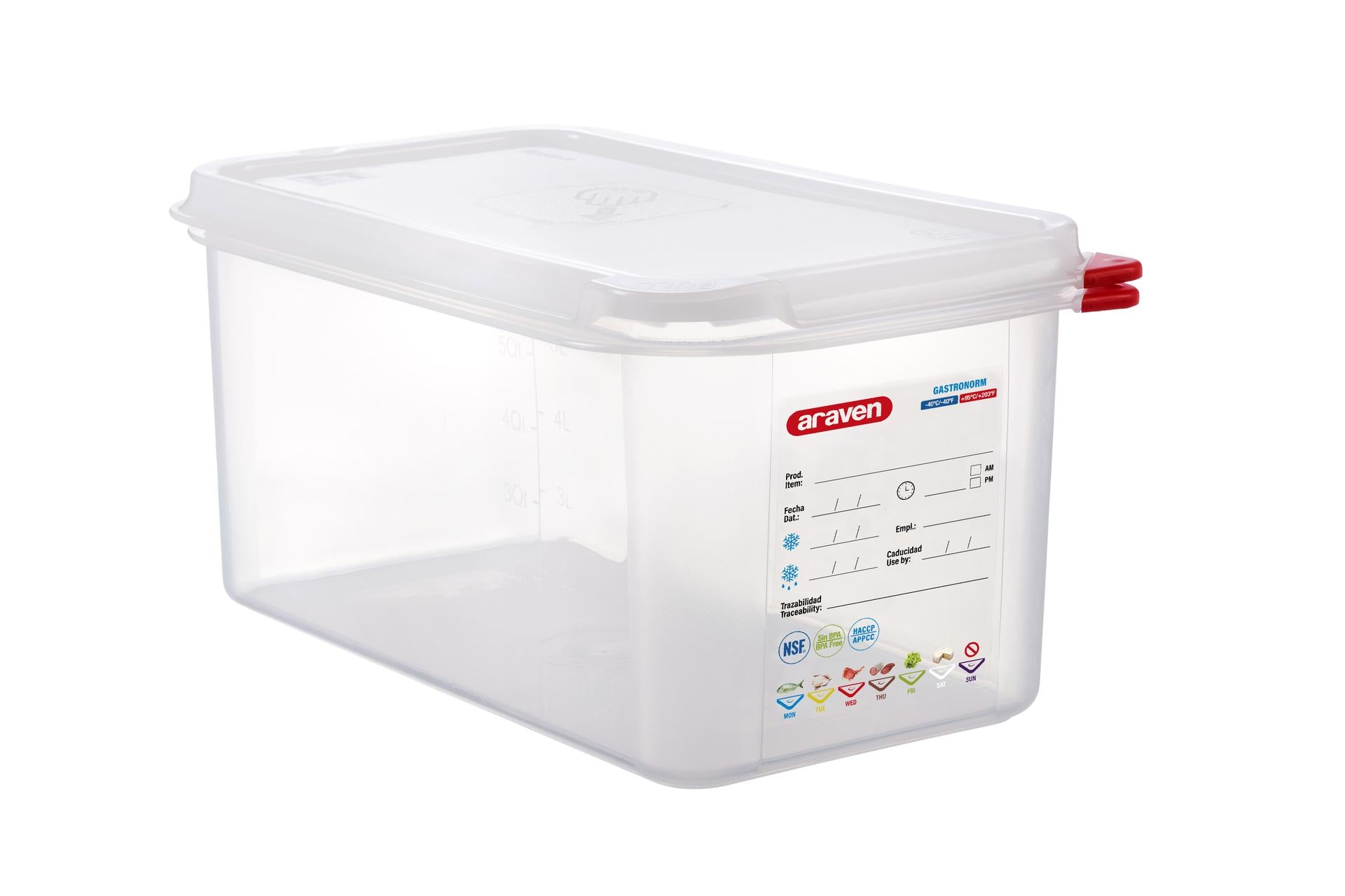 Araven Contenitore Alimentare Ermetico Gastronorm 1/3 - 1.3 L 325x176x150 mm Con Etichetta Lavabile e Alette Colorate