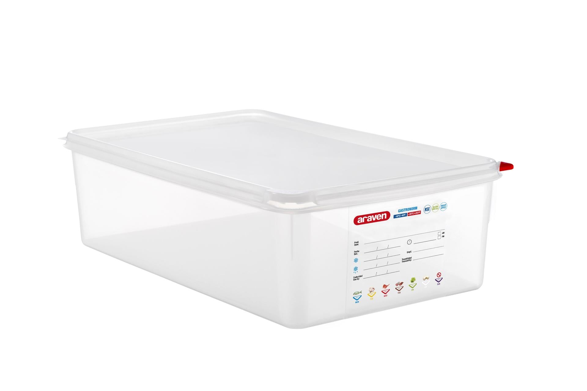 Araven Contenitore Alimentare Ermetico Gastronorm 1/1 - 530x325x150 mm Con Coperchio e Etichetta Riscrivibile