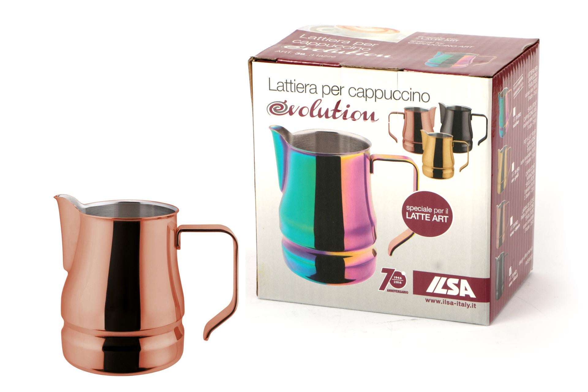 Ilsa Evolution Rame Lattiera 75 cl - Tazze 9 In Acciaio Inox 18/10 Con Rivestimento Antiaderente Nero